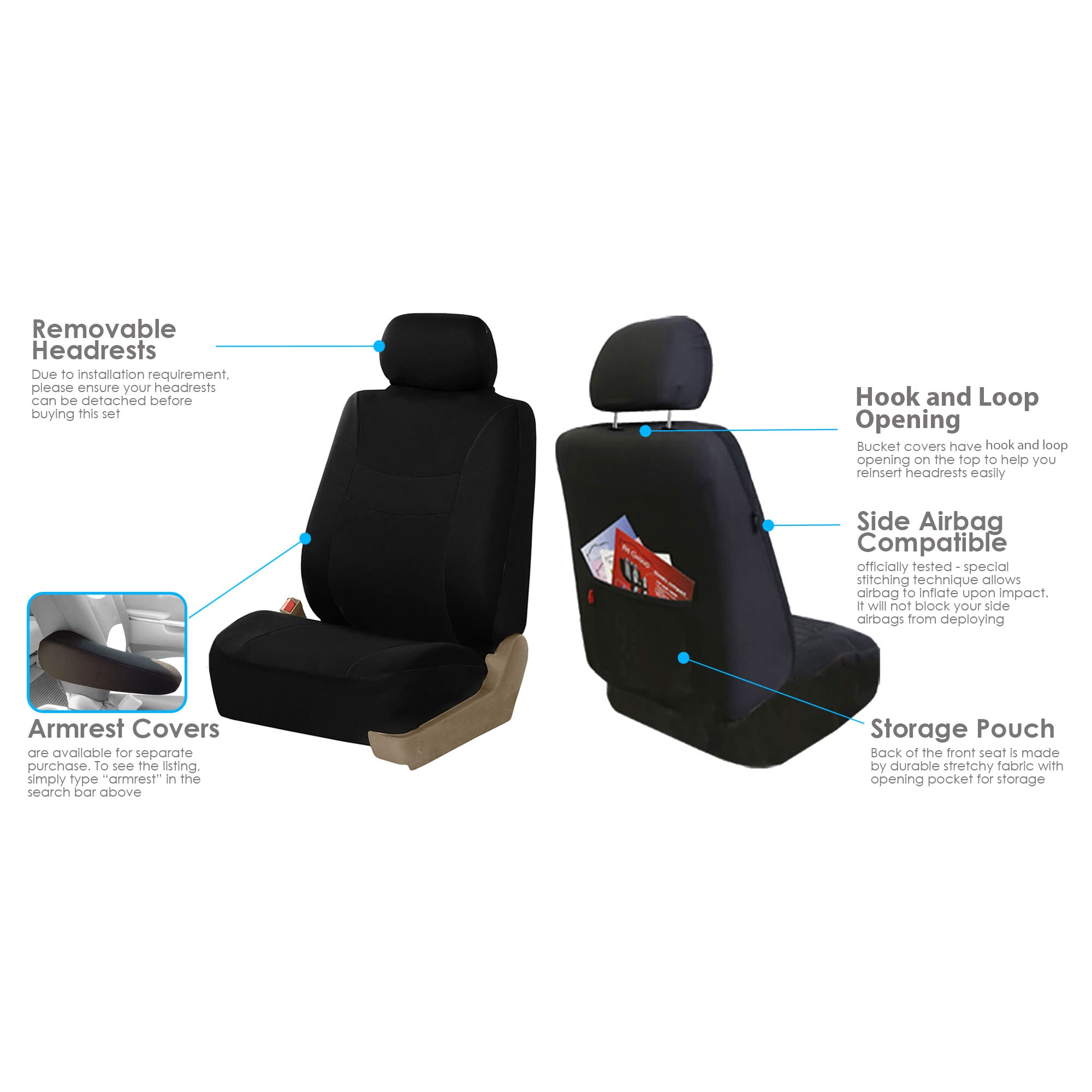 FH Group Light & Breezy Cloth Full Car Seat Covers with Carpet Floor Mats - Universal Fit for Cars, Trucks, SUVs & Vans (Black, Airbag & Split Ready) | Perfect for Road Trips, Daily Commutes & Family Travel