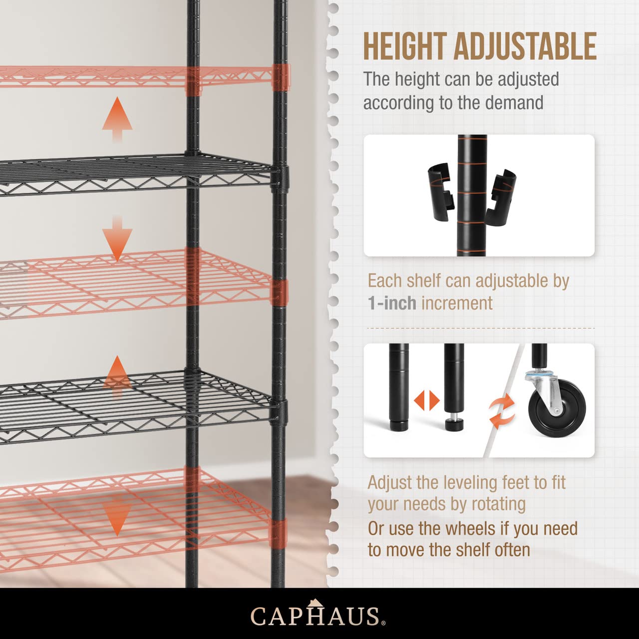 CAPHAUS NSF Commercial Grade Heavy Duty Wire Shelving with Wheels & Leveling Feet - 5-Tier Metal Storage Shelf (48