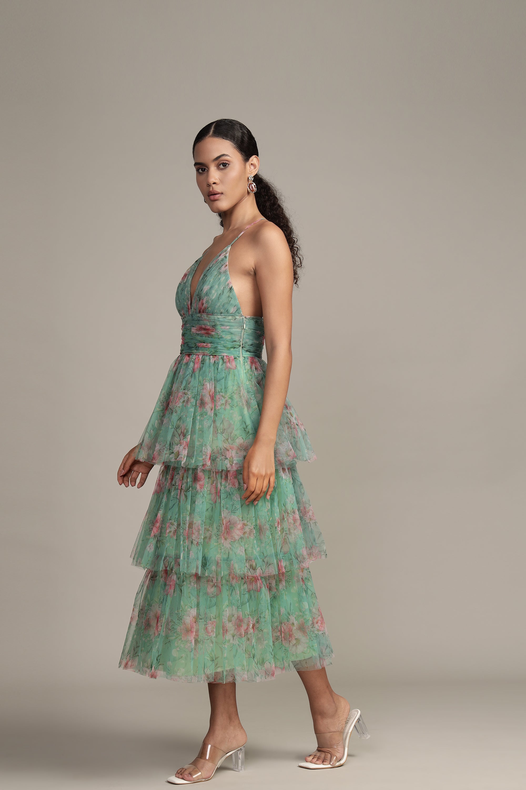 Odette Floral Midi Dress - Women's Green Floral Print Summer Dress for Casual Wear, Garden Party & Vacation Outfits