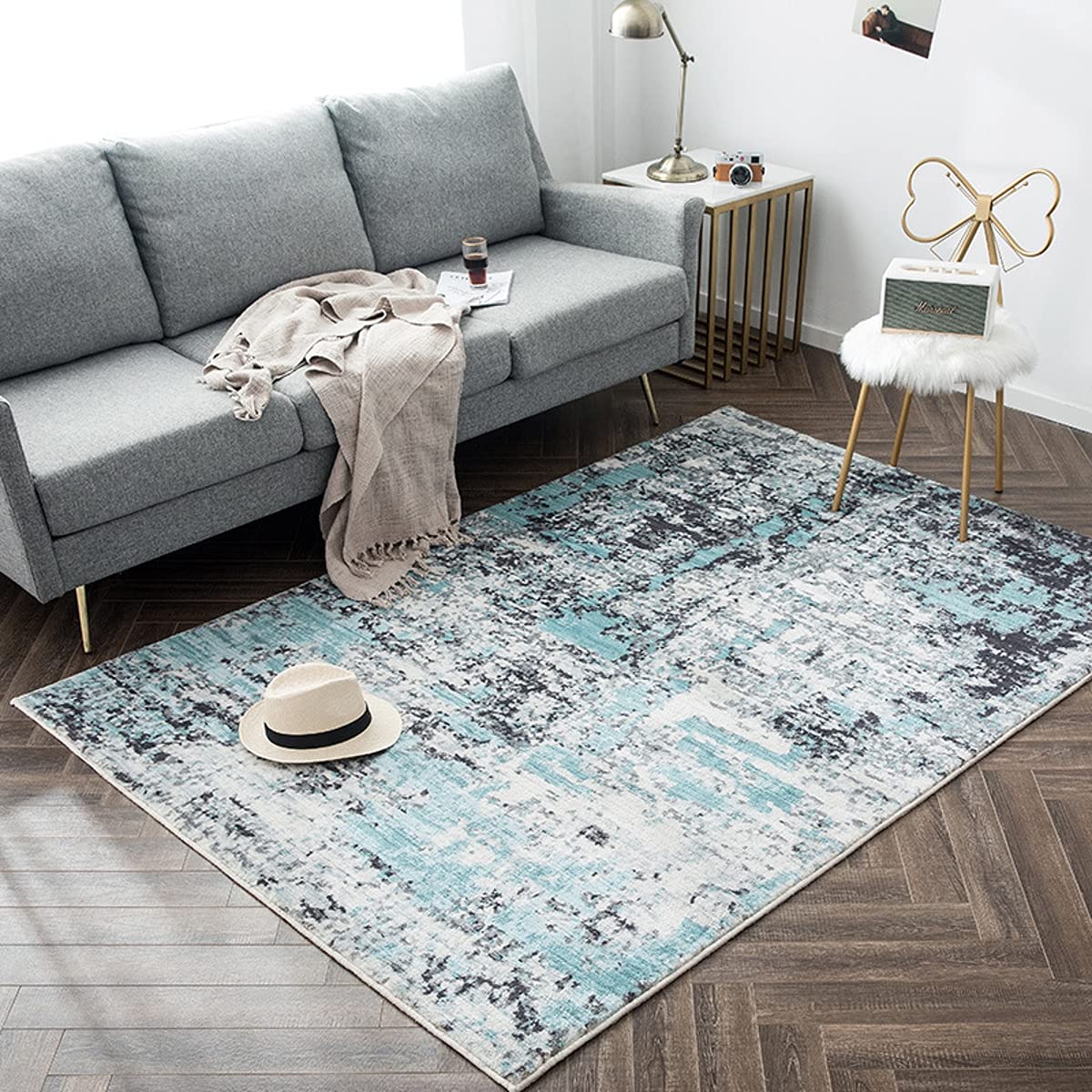 Vintage Distressed Wool Area Rugs - 6x8ft Teal Grey Shaggy Modern Abstract Carpet for Living Room, Bedroom, Office | Ultra Soft & Thick Luxurious Home Decor | Perfect for Playroom, Dining Room & Bedside Runner Rugs