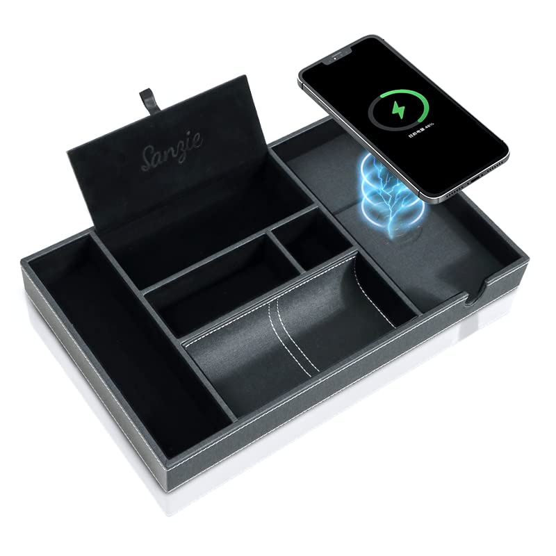 SANZIE Large Leather Tray with Wireless Charger - Nightstand Organizer for Phone, Wallet, Keys, Jewelry | Premium Black Leather Desktop Organizer for Bedroom, Office & Travel Accessories Storage