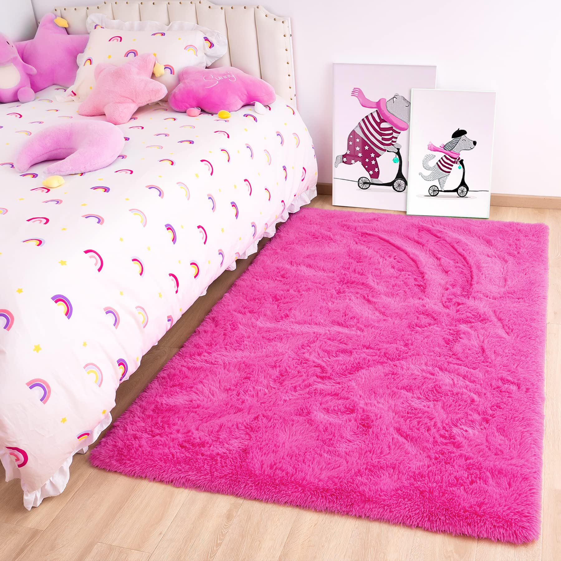 Noah's Fluffy Plush Fuzzy Rug for Kids Room, Living Room, Nursery - Soft Shaggy Furry Carpet for Modern Indoor Decor - Cute Boys & Girls Bedroom Rug (3x5 Feet, Hot Pink) - Perfect for Playrooms, Dorm Rooms & Cozy Spaces