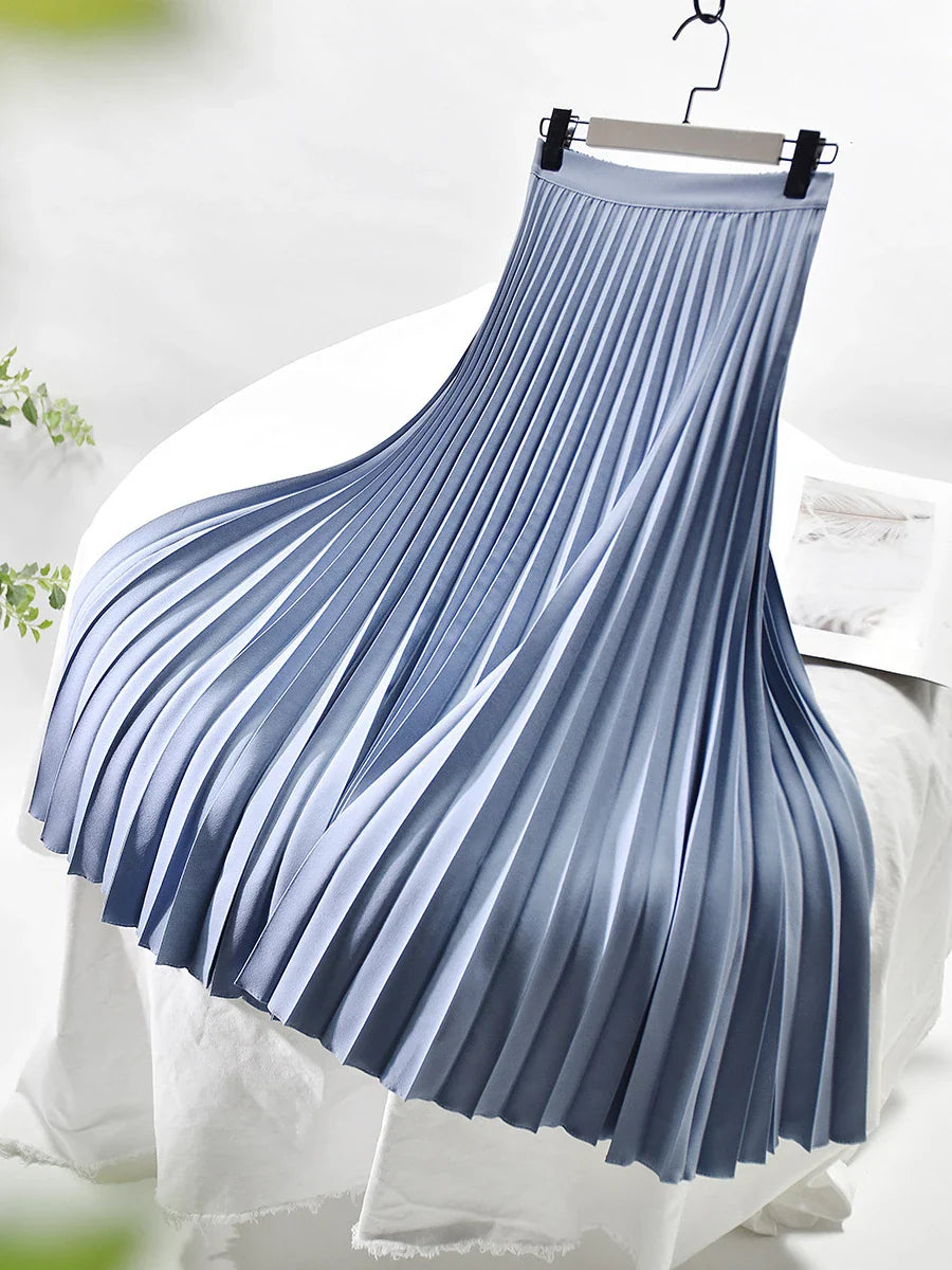 Brand Designer Women's High Waist Pleated Skirt - Elegant Solid Color A-Line Skirt with Elastic Waistband for Spring & Autumn | Office Wear, Party Outfits, Casual Chic Fashion