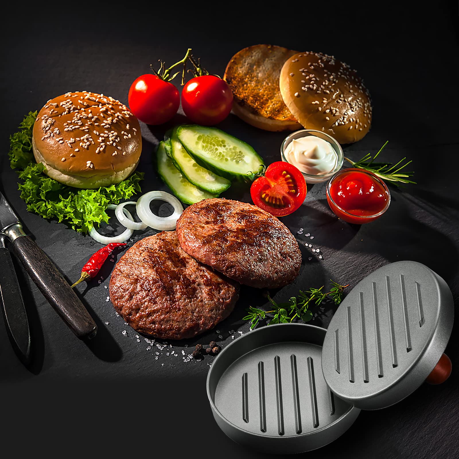 Stainless Steel Burger Press Patty Maker with Wood Handle & Non-Stick Surface - Includes 100 Patty Papers for Perfect Homemade Hamburgers | Ideal for BBQ, Backyard Grilling & Restaurant Use
