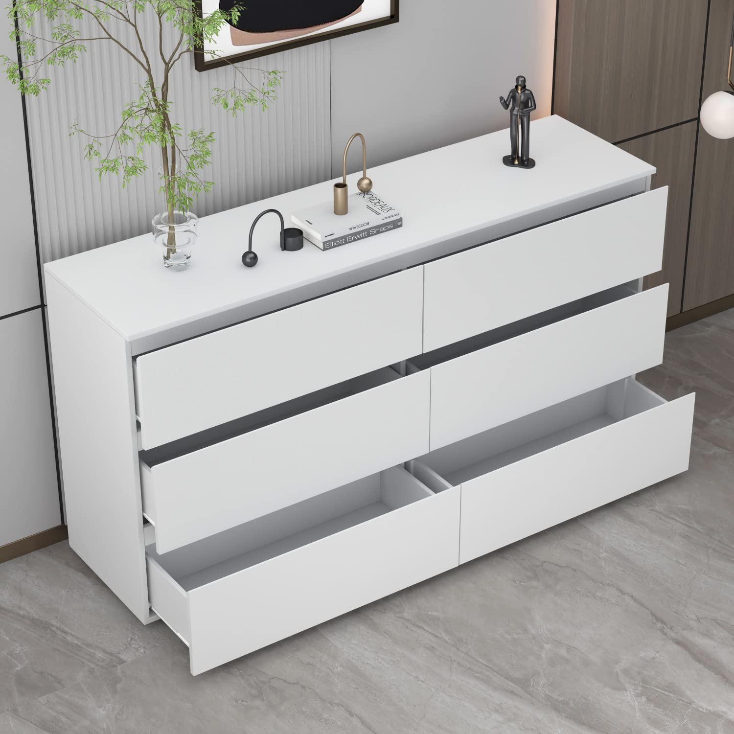 AIEGLE 6-Drawer Dresser for Bedroom - White Modern Handle-Free Wooden Chest with Smooth Pop-Out Drawers, Storage Organizer (59