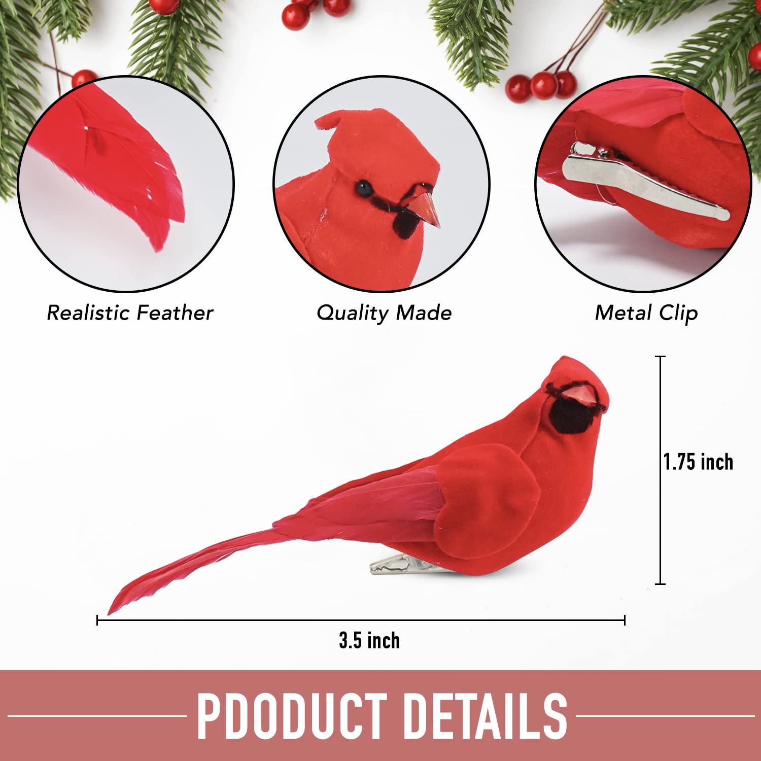 12-Pack 3.5 Inch Red Cardinal Christmas Ornaments - Realistic Velvet Feather Clip-On Artificial Birds for Holiday Tree Decorations - Perfect for Christmas Trees, Wreaths, Mantels & Festive Home Decor
