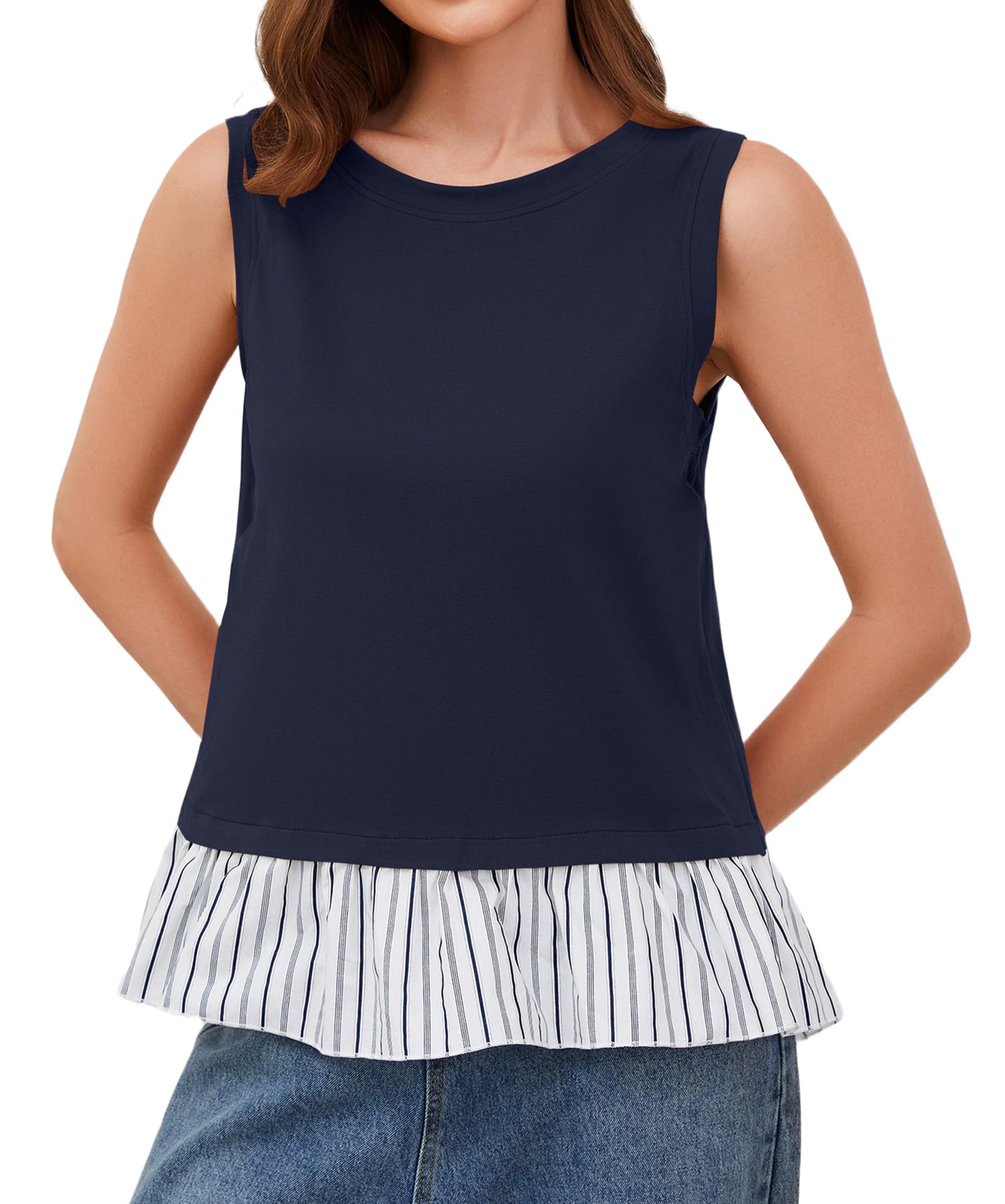 MISSACTIVER Women's Striped Sleeveless Tank Top - Patchwork Ruffled Hem Open Back Cami Shirt, Round Neck Casual Summer Tops for Beach, Party & Going Out