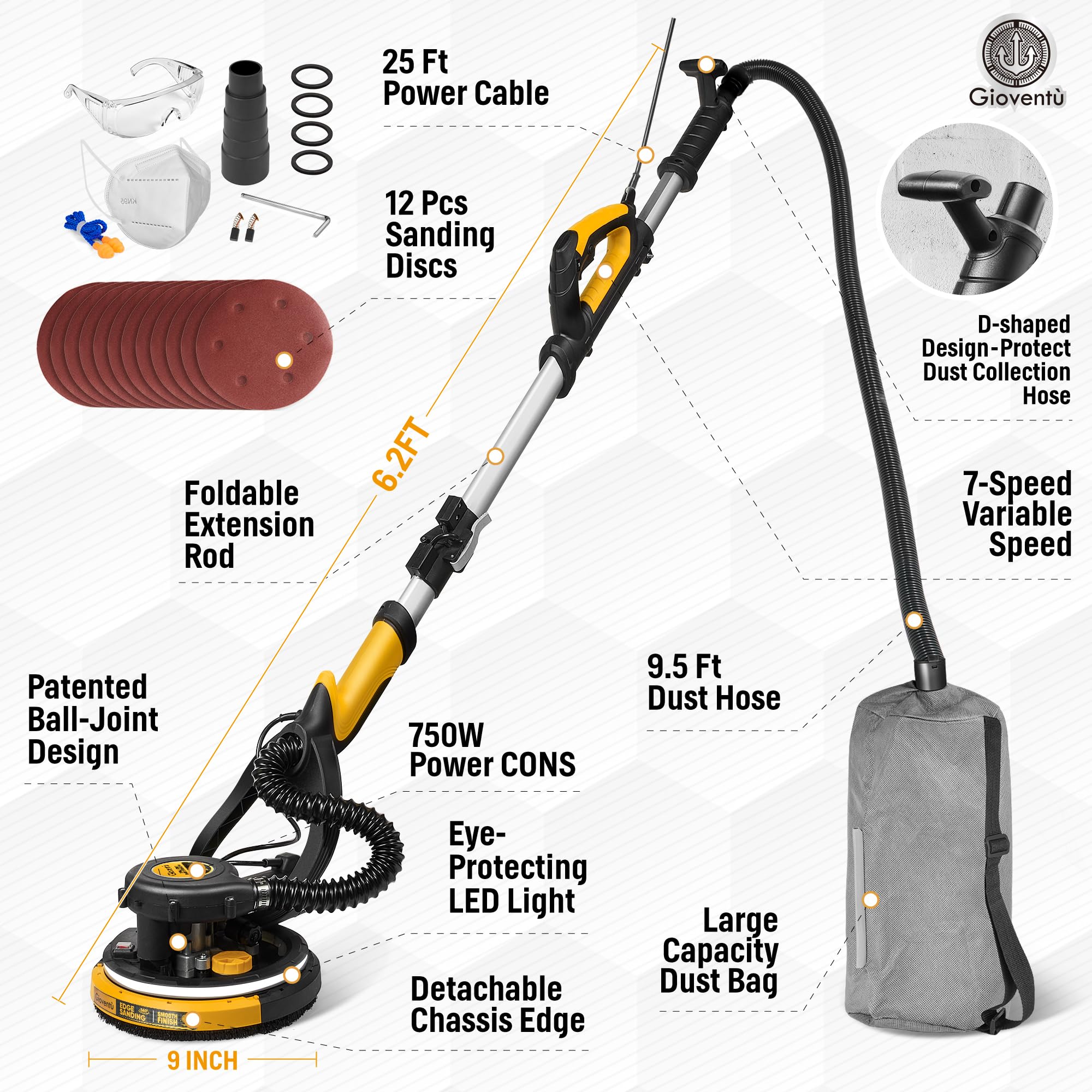 750W Electric Drywall Sander with Vacuum Attachment - Auto Dust Collection, 7 Speed Settings (900-1800 RPM) - Dustless Wall Sander for Popcorn Ceiling & Drywall - Long Power Cord - Perfect for Home Renovation & Professional Construction Projects