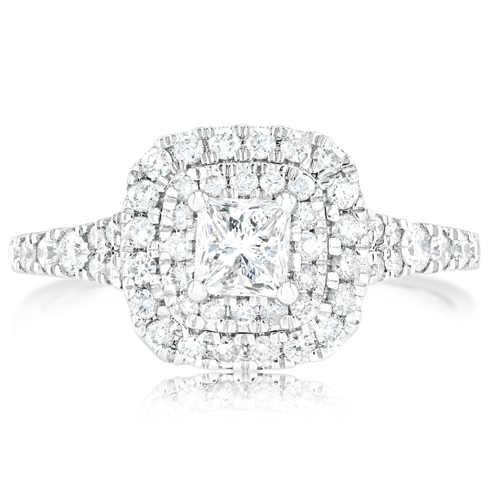1 Carat Princess Cut Diamond Solitaire Ring in 9K White Gold with Brilliant Halo & Side Stones - Perfect for Engagement, Wedding & Anniversary Gifts