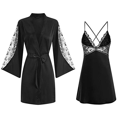 Sexy Women's 2-Piece Robe Set - Faux Silk Kimono Dress & Lace Lingerie Nightgown - Soft Bridal Sleepwear for Wedding Night, Honeymoon, Anniversary Gift - Perfect for Boudoir, Spa Days & Romantic Evenings