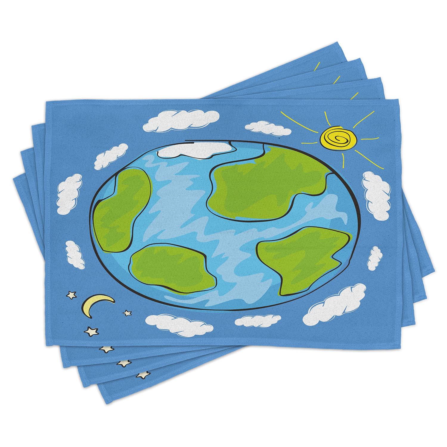 Ambesonne Earth Place Mats Set of 4 - Washable Fabric Placemats with Planet Earth and Clouds Design for Dining Table Decor in Blue, Green & White | Perfect for Kitchen, Home Decor, and Eco-Friendly Gifts