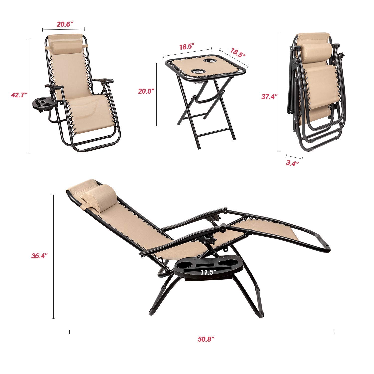 Homall 3-Piece Zero Gravity Lounge Chair Set - Patio Folding Recliner with Side Table, Outdoor Chaise Lounge Chairs for Backyard, Poolside & Beach Relaxation (Beige)