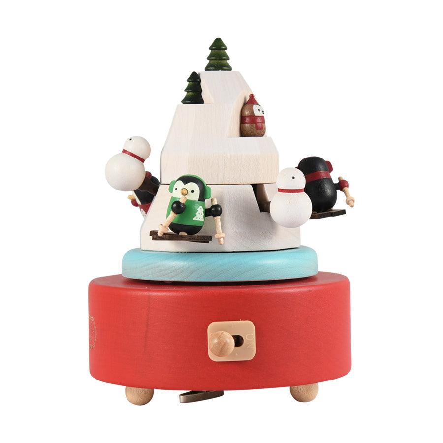 WOODERFUL LIFE Music Go Round Christmas Penguin Skiing Wooden Musical Carousel - Perfect Holiday Home Decor & Gift for Christmas, Winter, and Festive Celebrations