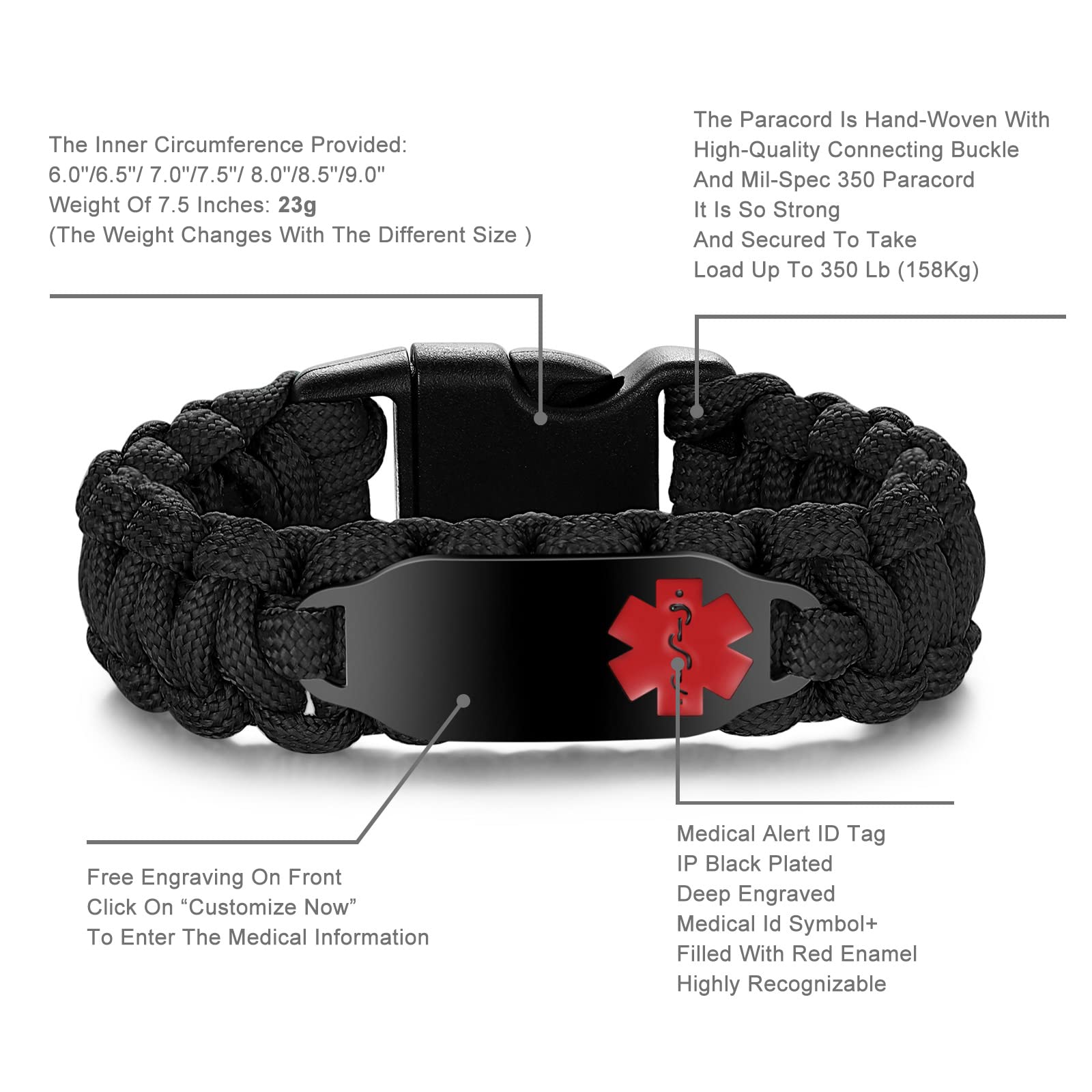 Personalized Medical ID Bracelets for Women & Men - Free Custom Engraving, Hand-Woven Paracord Braided Medical Alert Bracelet (6.0-9.0 Inches Adjustable) - Perfect for Emergency Medical Information & Outdoor Activities