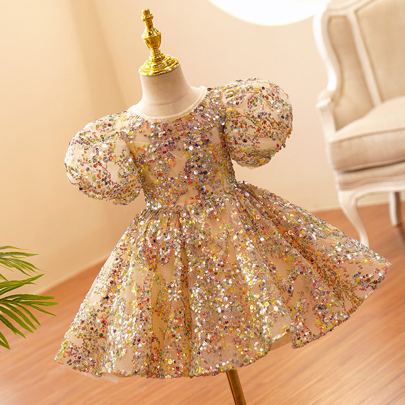 Sparkly Gold Sequined Flower Girl Dress with Puff Sleeves - Perfect for Weddings, Pageants & Special Occasions
