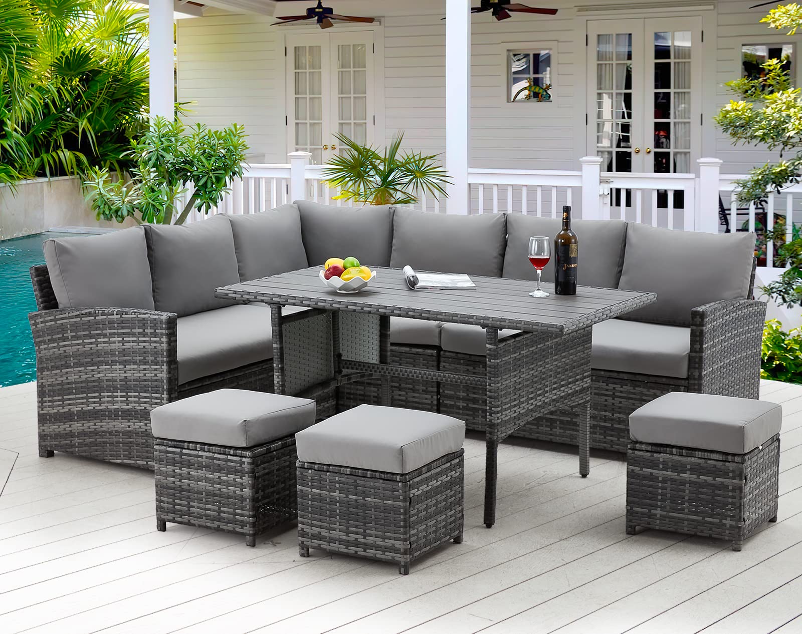 AECOJOY 7-Piece Outdoor Patio Furniture Set - All-Weather Wicker Dining Table & Chairs with Ottoman - Grey Rattan & Cushions for Backyard, Garden, Poolside or Deck Relaxation