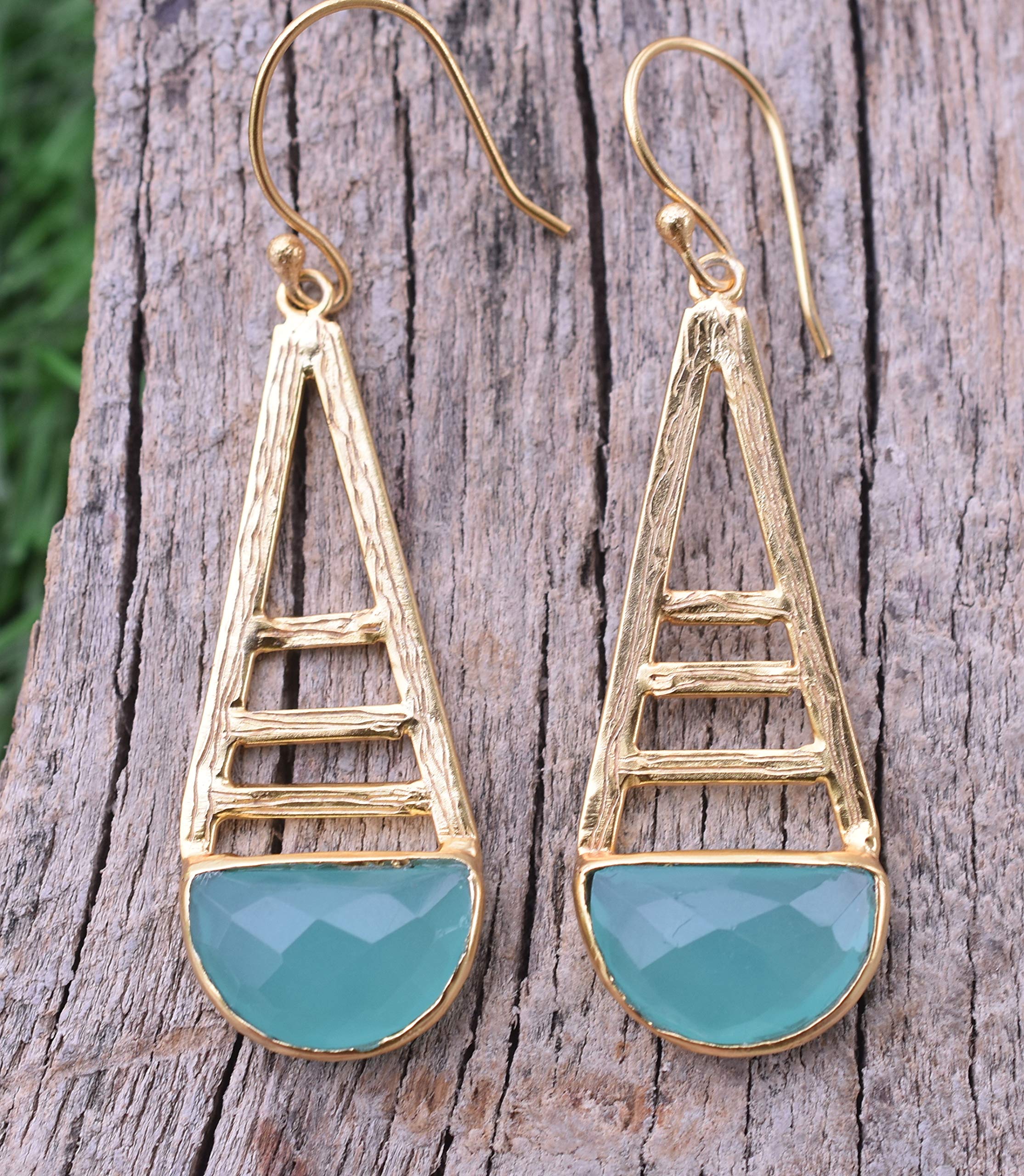 Handmade Gold Filled Aqua Chalcedony March Birthstone Earrings for Women - Crescent Moon Design, Fashion Jewelry Gift for Birthday, Anniversary & Special Occasions | VE-120