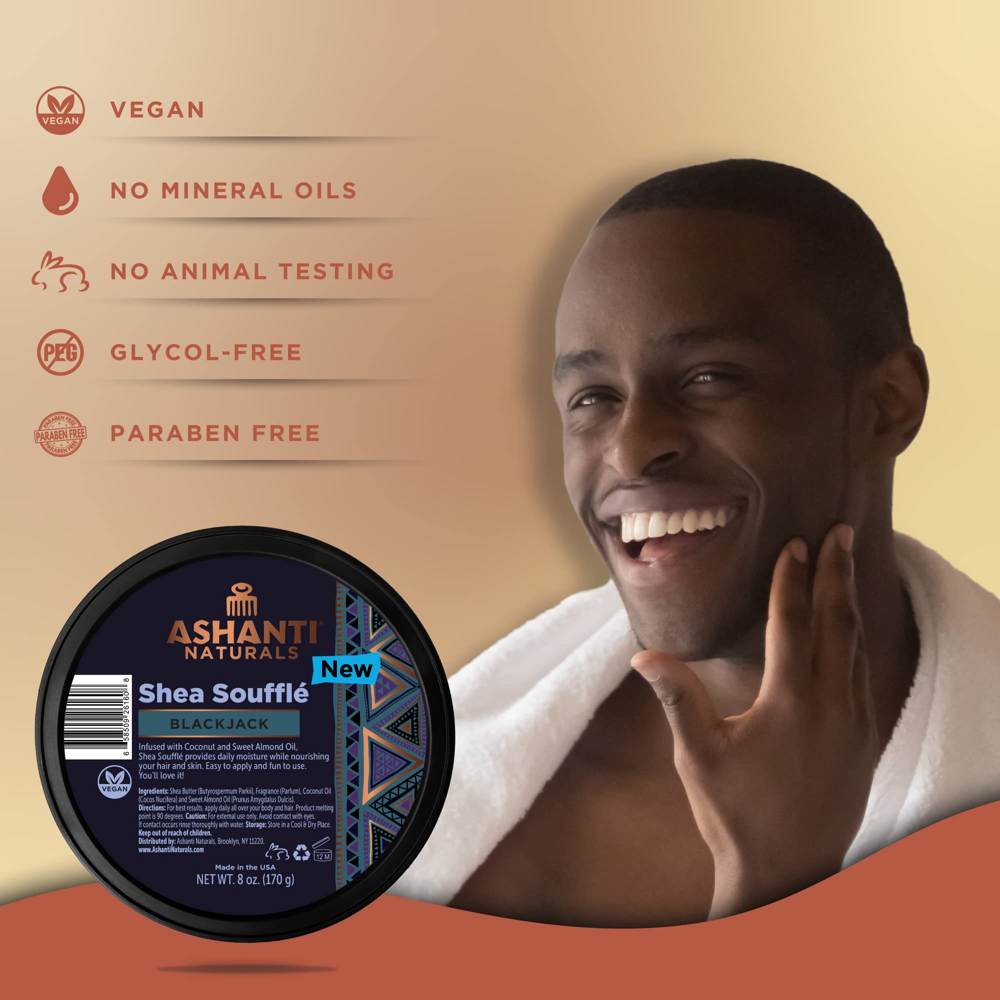 Organic Whipped Shea Butter for Men - African Body Butter with Coconut & Almond Oil | Deep Moisturizing & Nourishing Skin Care | Blackjack Souffle Scent | 8 oz Jar | Perfect for Dry Skin, After Shave & Tattoo Care