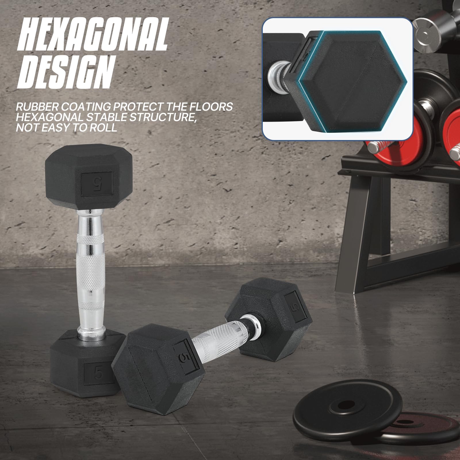 Hex Dumbbell Set - 5-25 lbs Rubber Coated Cast Iron Weights with Anti-Slip Grip for Home Gym, Strength Training & CrossFit Workouts