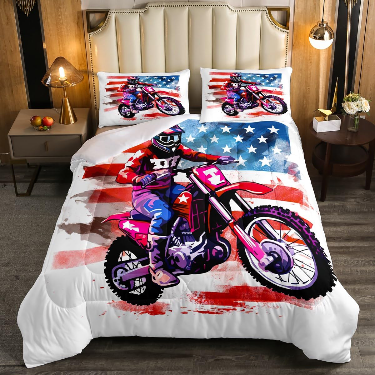 Boys Motocross Comforter Set - American Flag Print Twin Size Bedding for Teens & Adults, Dirt Bike Extreme Sports Theme Duvet Cover with Grunge Stripes Decor - Perfect for Motorcycle Lovers' Bedrooms & Dorm Rooms