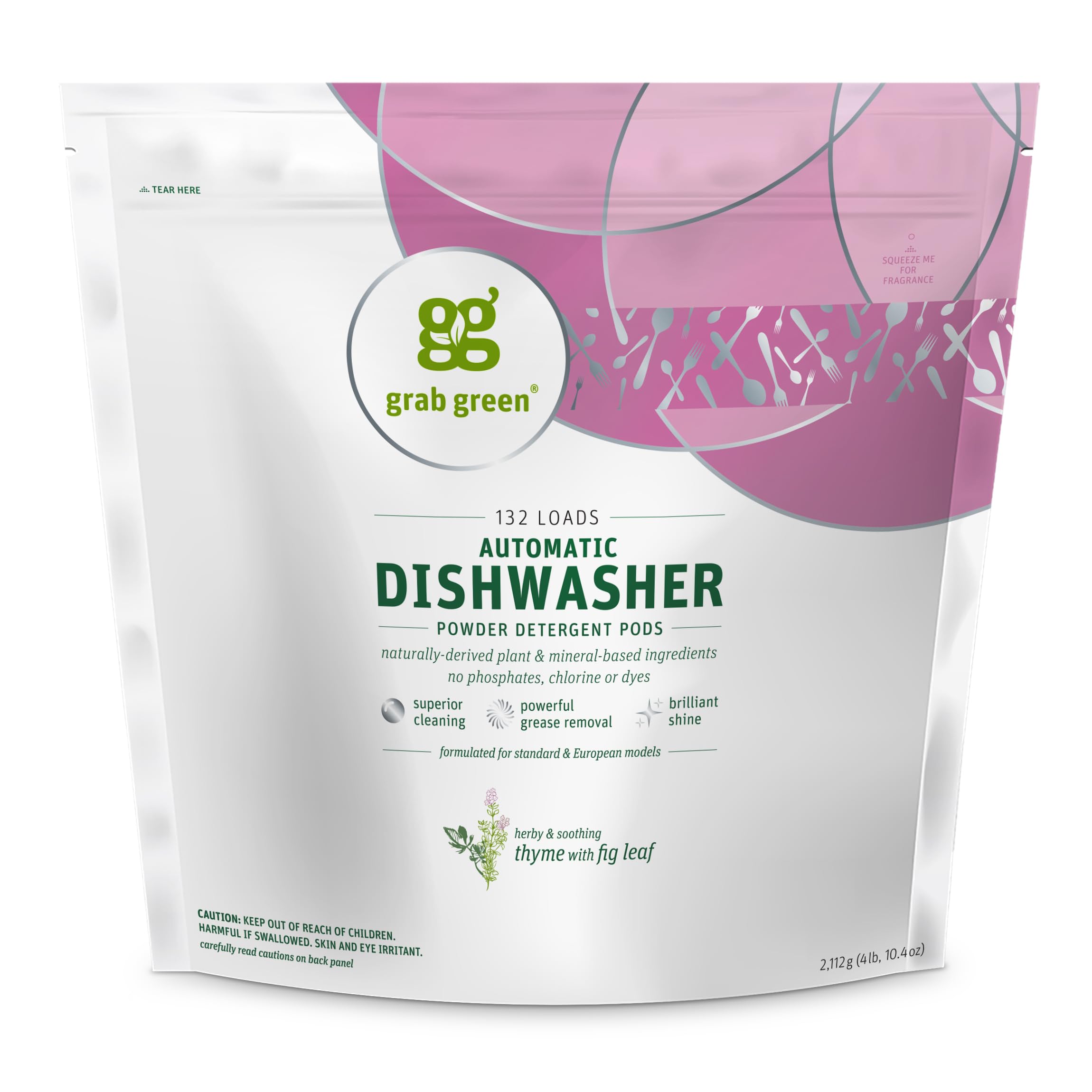 Grab Green Automatic Dishwashing Detergent Pods, 132 Count - Plant-Based & Mineral-Powered with Thyme Fig Leaf Scent | Superior Cleaning & Grease Removal for Sparkling Dishes | Ideal for Daily Dishwashing, Large Families & Eco-Conscious Homes