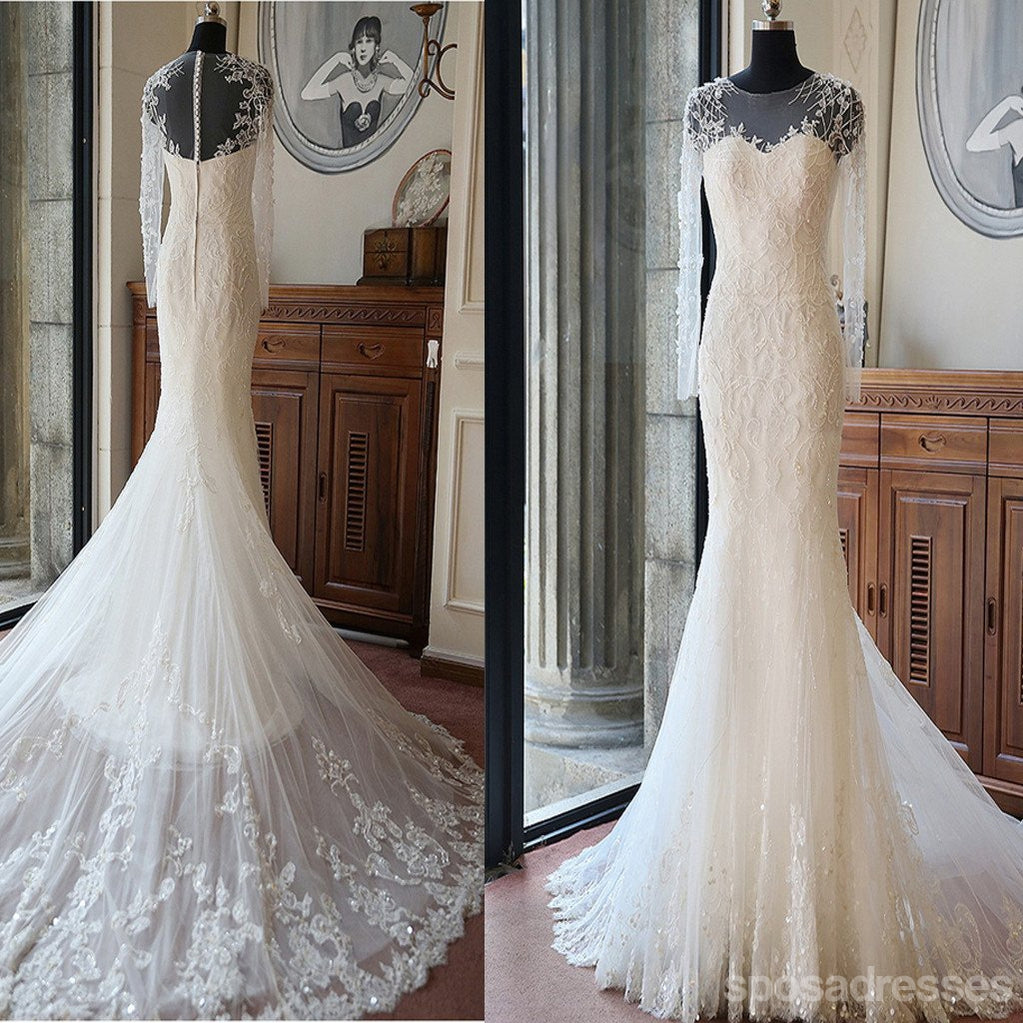 Elegant Custom Long Sleeve Sexy Mermaid Wedding Dress with Lace & Beading - Perfect for Bridal Party, Prom & Formal Events - WD0011