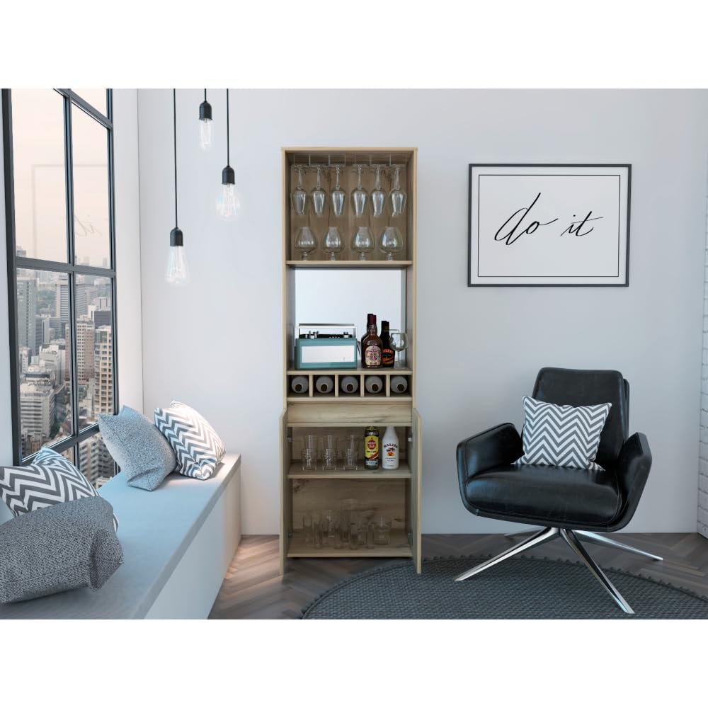 Tuhome Prana Bar Cabinet with 2 Shelves & 5-Bottle Wine Rack - Light Oak Double Door Storage for Living Room, Dining Room or Home Bar