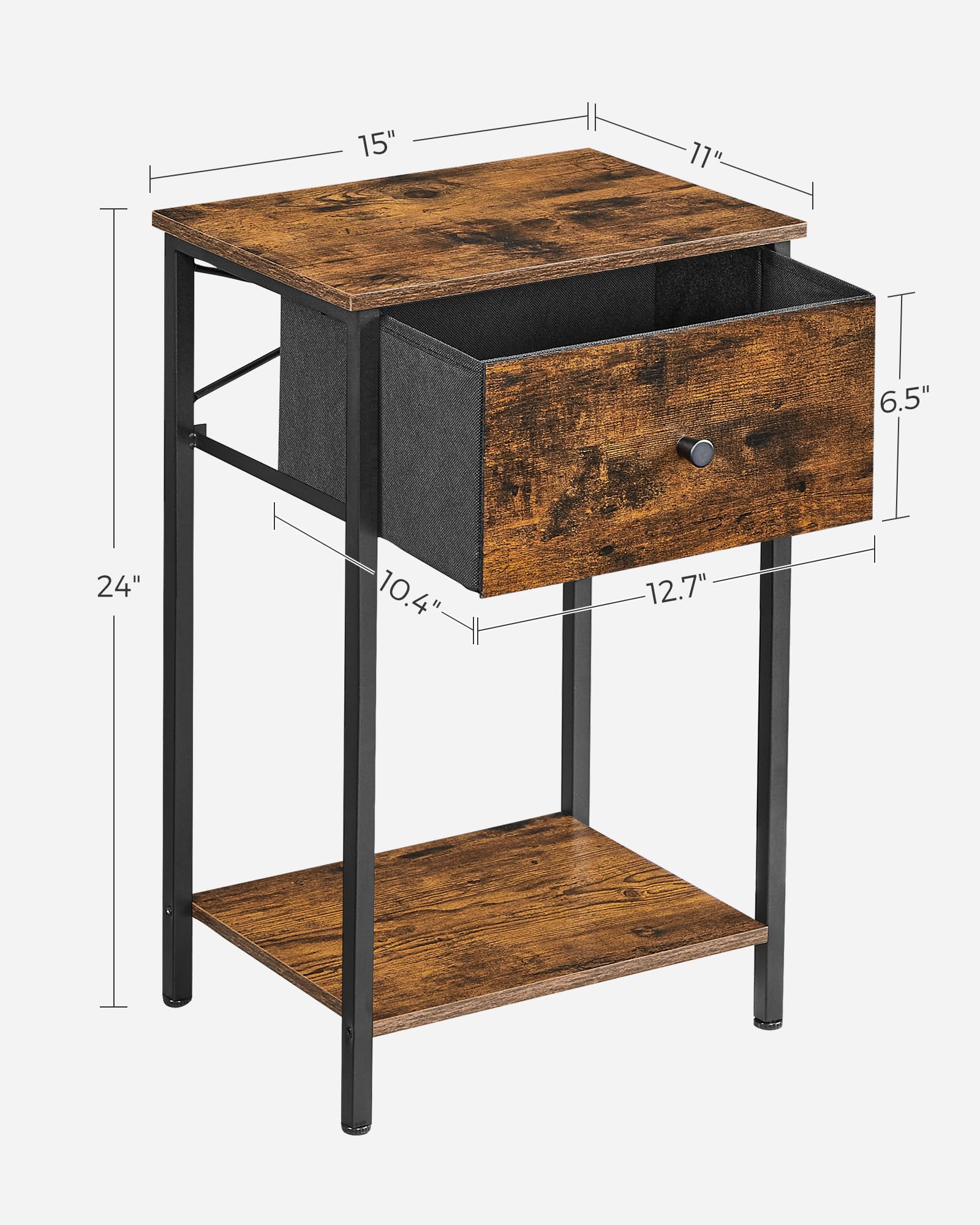 VASAGLE Nightstand Set of 2 - 24 Inch Tall Rustic Brown and Black Side Tables with Fabric Drawer & Storage Shelf for Bedroom - Perfect for Small Spaces, Apartment Living, and Guest Rooms ULGS221B01V1