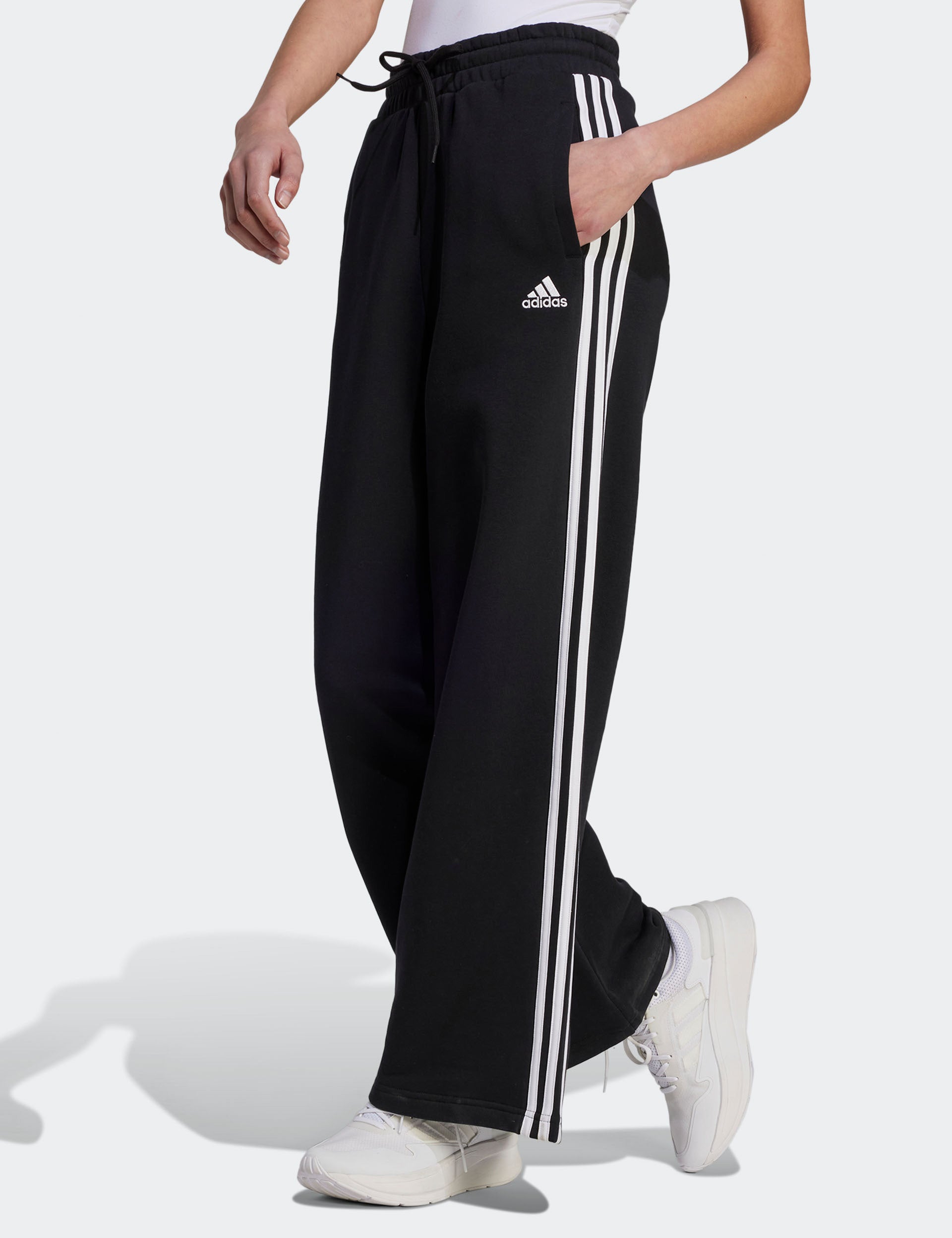 Essentials 3 Stripes French Terry Wide Joggers for Men & Women - Comfortable Black/White Sweatpants for Gym, Lounge & Casual Wear