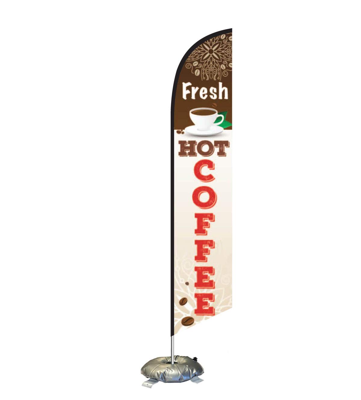 Premium Outdoor Advertising Feather Flag Kit - Fresh Hot Coffee Banner with Cross Base & Weight Donut - Perfect for Cafes, Drive-Thrus & Events