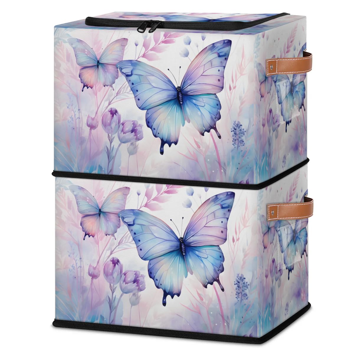 Beautiful Butterfly Storage Boxes with Sturdy Handles & Zipper Lids - 2 Pack Organizer for Clothes, Toys, Blankets | Perfect for Kids' Room, Nursery, and Home Organization