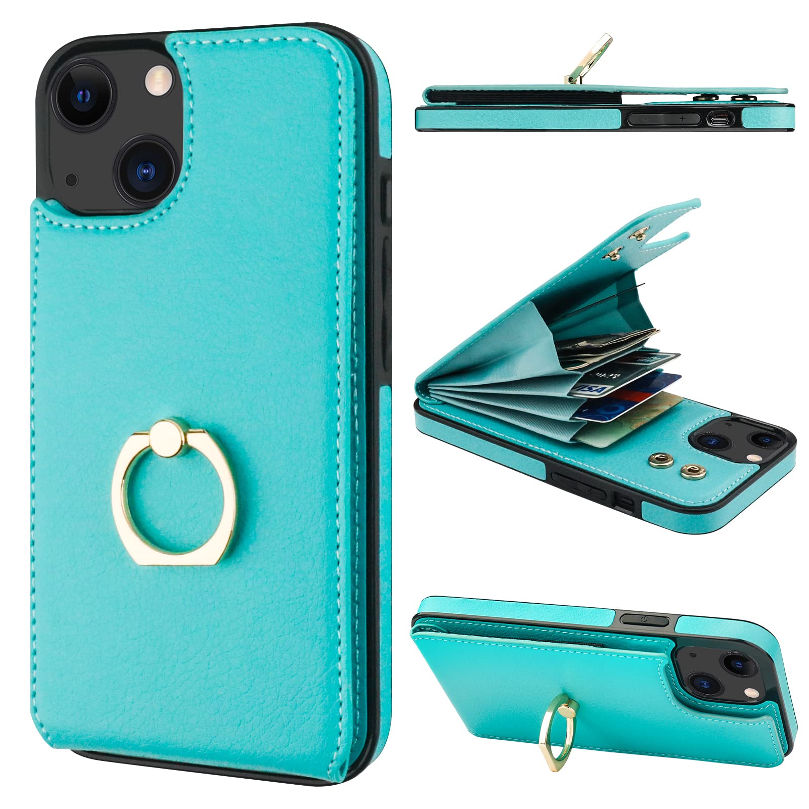Folosu iPhone 13 Wallet Case with Card Holder & 360° Rotating Finger Ring Stand - RFID Blocking PU Leather Flip Cover with Kickstand & Double Buttons for 6.1