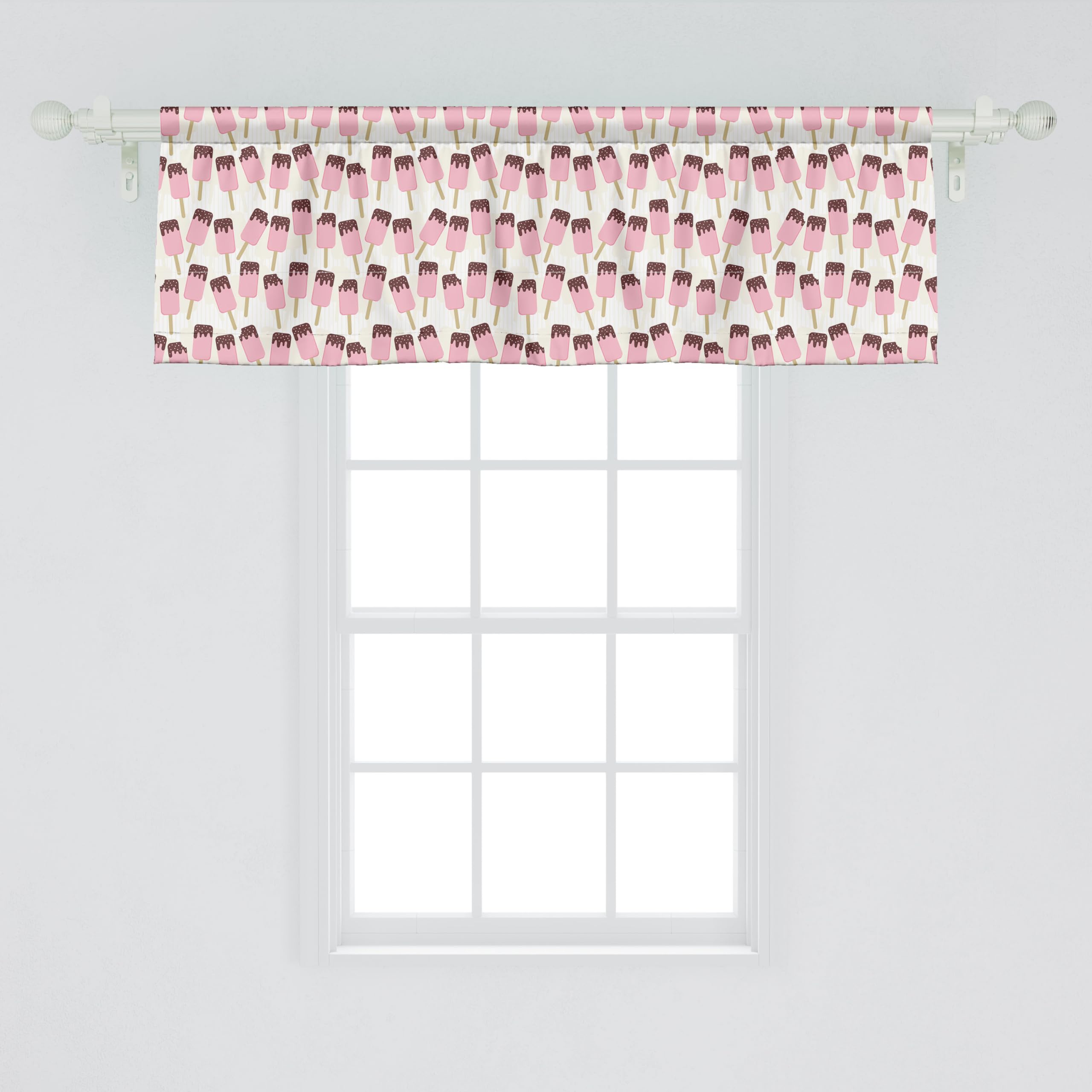 Ambesonne Ice Cream Window Valance Set of 2 - Chocolate Popsicle & Pastel Striped Kitchen Curtains for Summer Decor, Rod Pocket Valances 54x18 Inches, Pale Pink & Tan - Perfect for Bedroom, Cafe, or Kids Room Decor