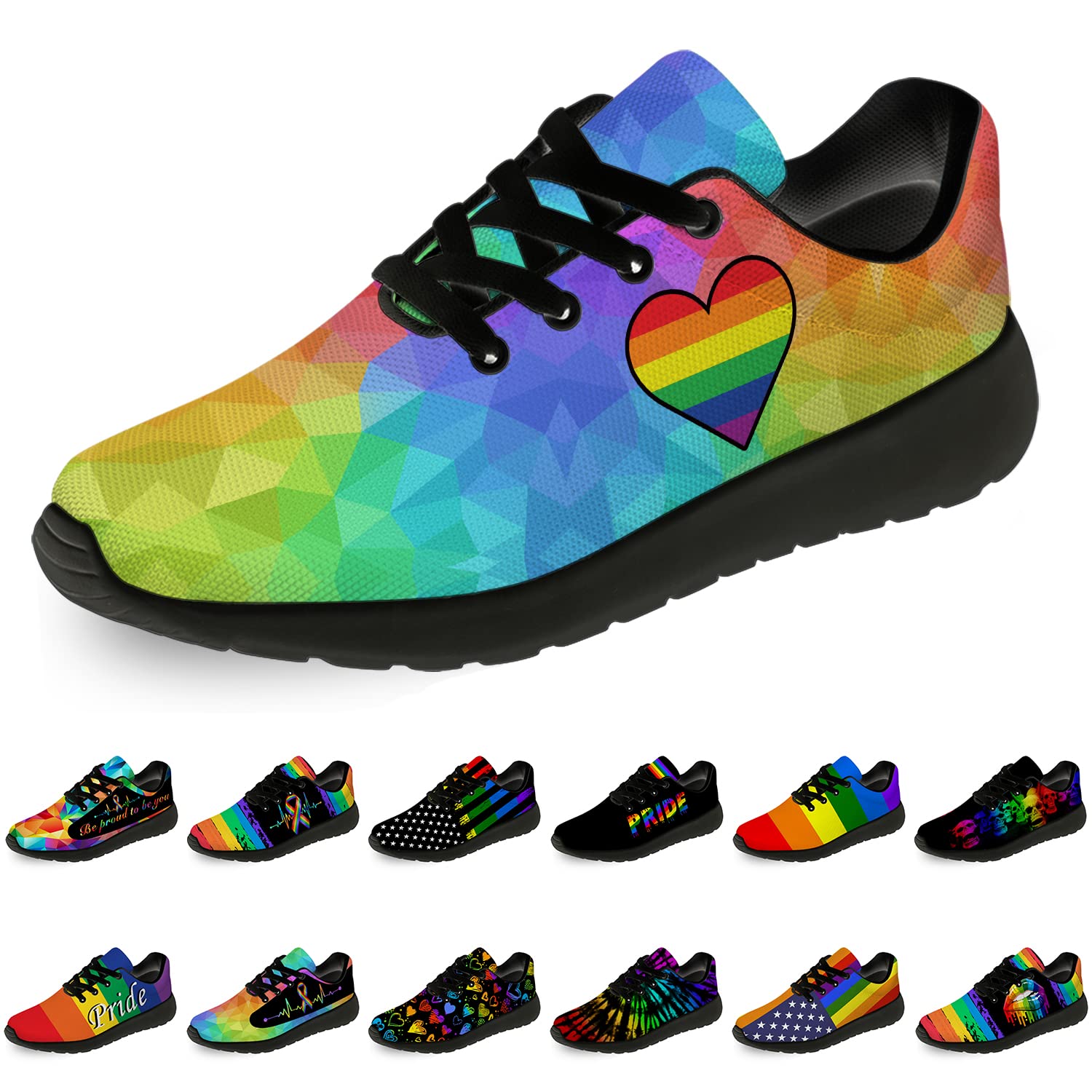LGBT Pride Running Shoes for Men & Women - Rainbow Heart Sneakers for Walking, Tennis & Casual Wear - Lesbian Trans Gay Pride Gifts - Size 10 Men/11.5 Women in Black - Perfect for Pride Parades, Workouts & Everyday Fashion