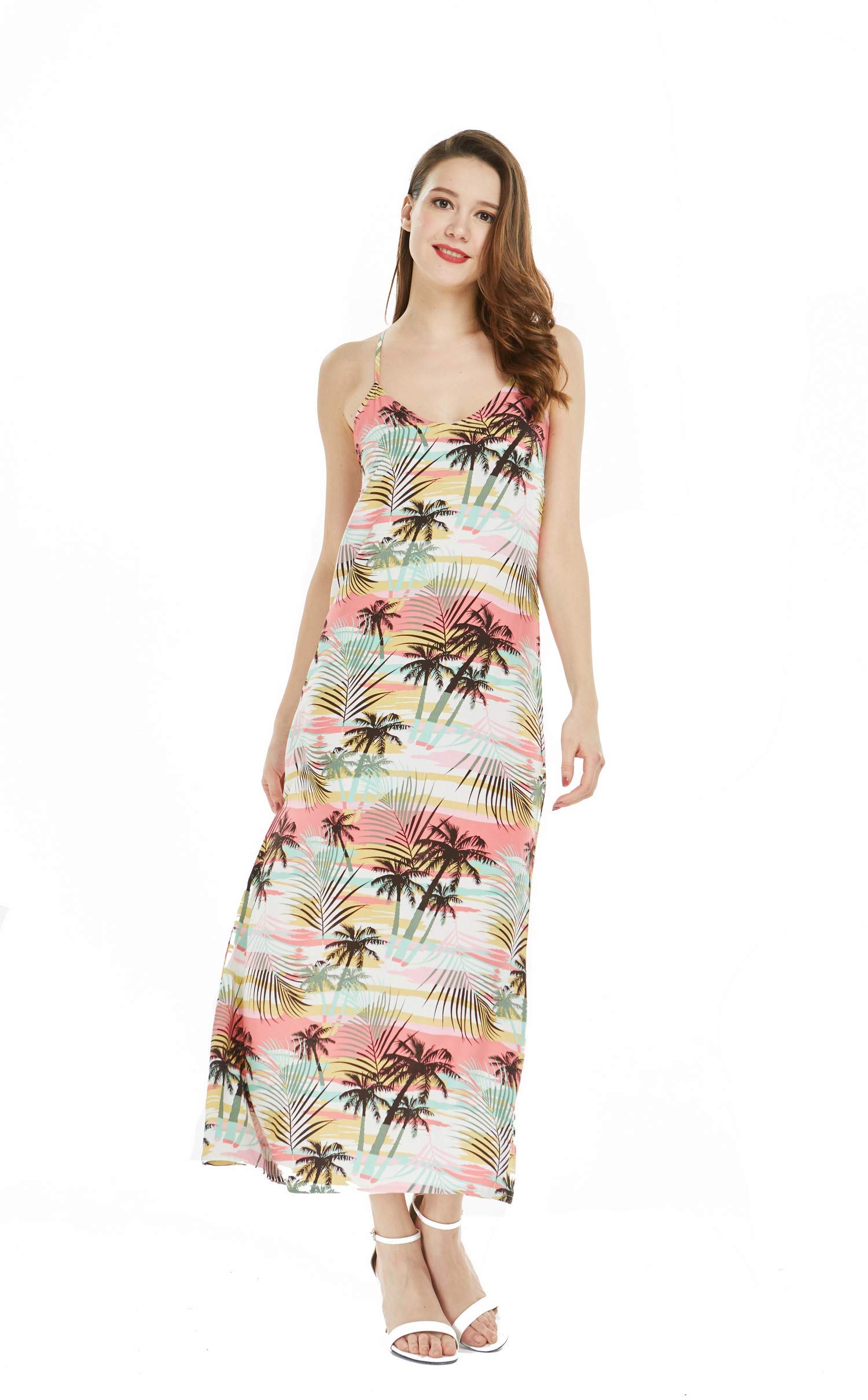 Hawaiian Luau Beach Sunset Print Maxi Dress for Women - Floral Sweetheart Neckline Long Dress for Summer Vacation, Beach Party, and Tropical Getaways
