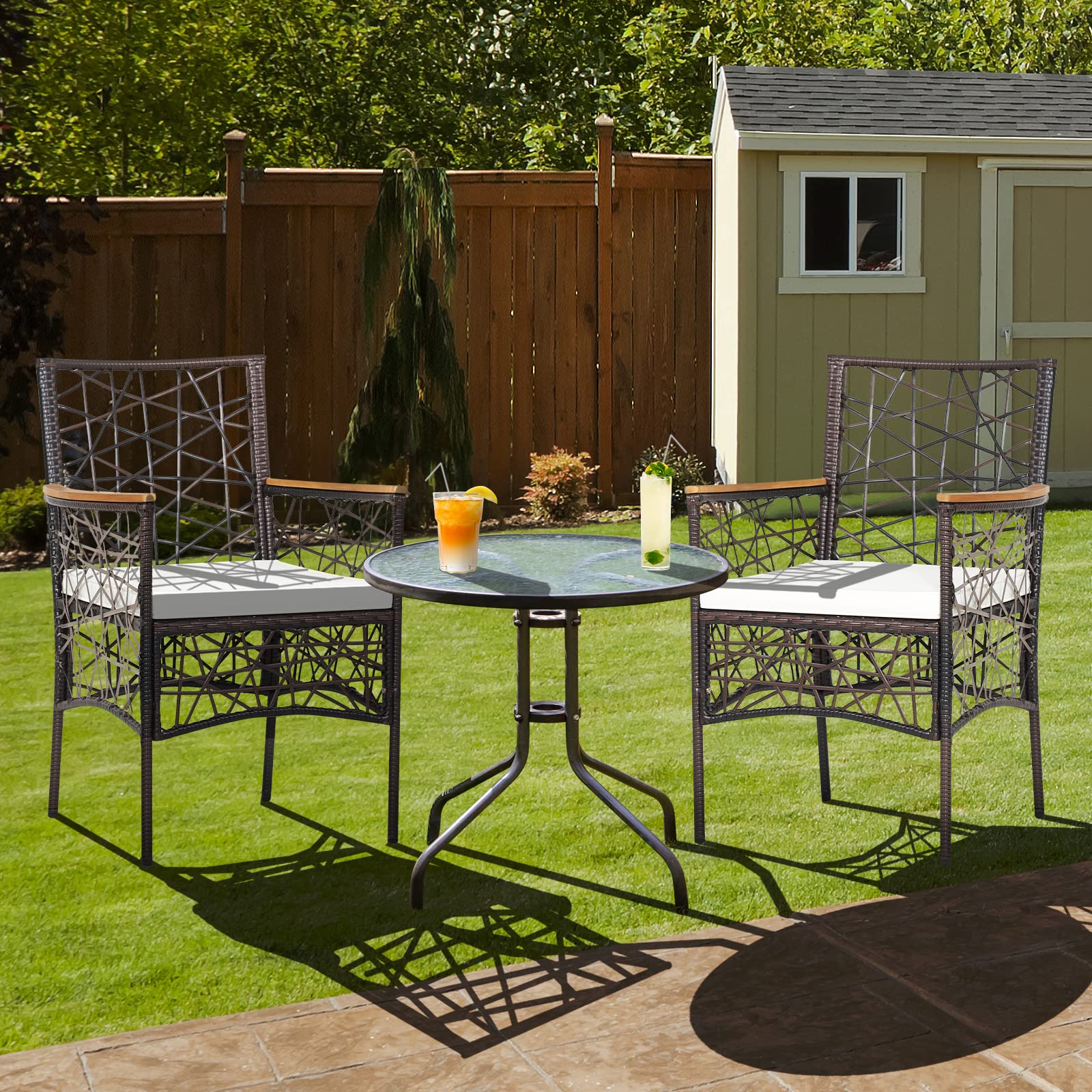 RELAX4LIFE 2-Piece PE Wicker Patio Chairs Set - Acacia Wood Armrests & Removable Cushions - Indoor Outdoor Dining Armchairs for Restaurant, Porch, Garden, Poolside, Backyard - Perfect for Al Fresco Dining and Outdoor Relaxation