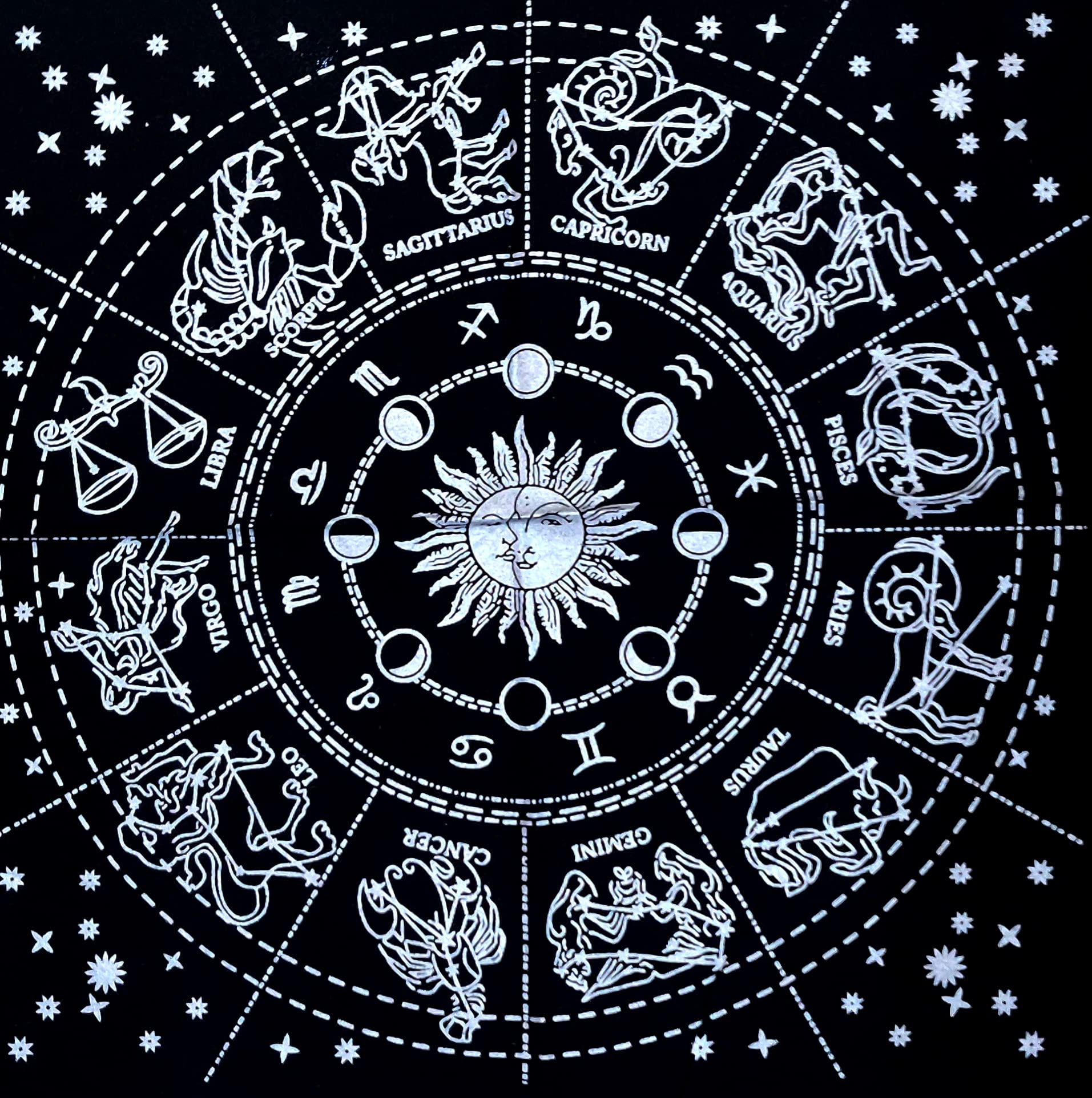 INDACORIFY Silver Zodiac Constellation Altar Cloth 18x18 Inch - Esoteric Tarot Spread Cloth with Fringes for Witchcraft, Divination & Spiritual Rituals | Perfect for Altar Decor, Crystal Charging & Sacred Space Creation