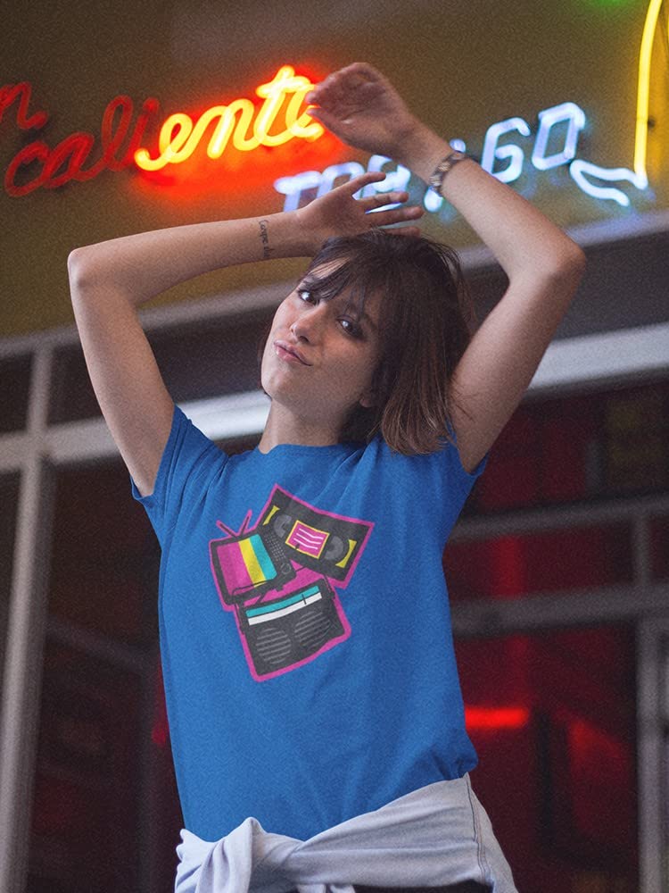 Vintage Radio TV Cassette Graphic Tee - Women's Royal Blue Retro Music & Movies T-Shirt for Casual Wear, Concerts & 80s Theme Parties