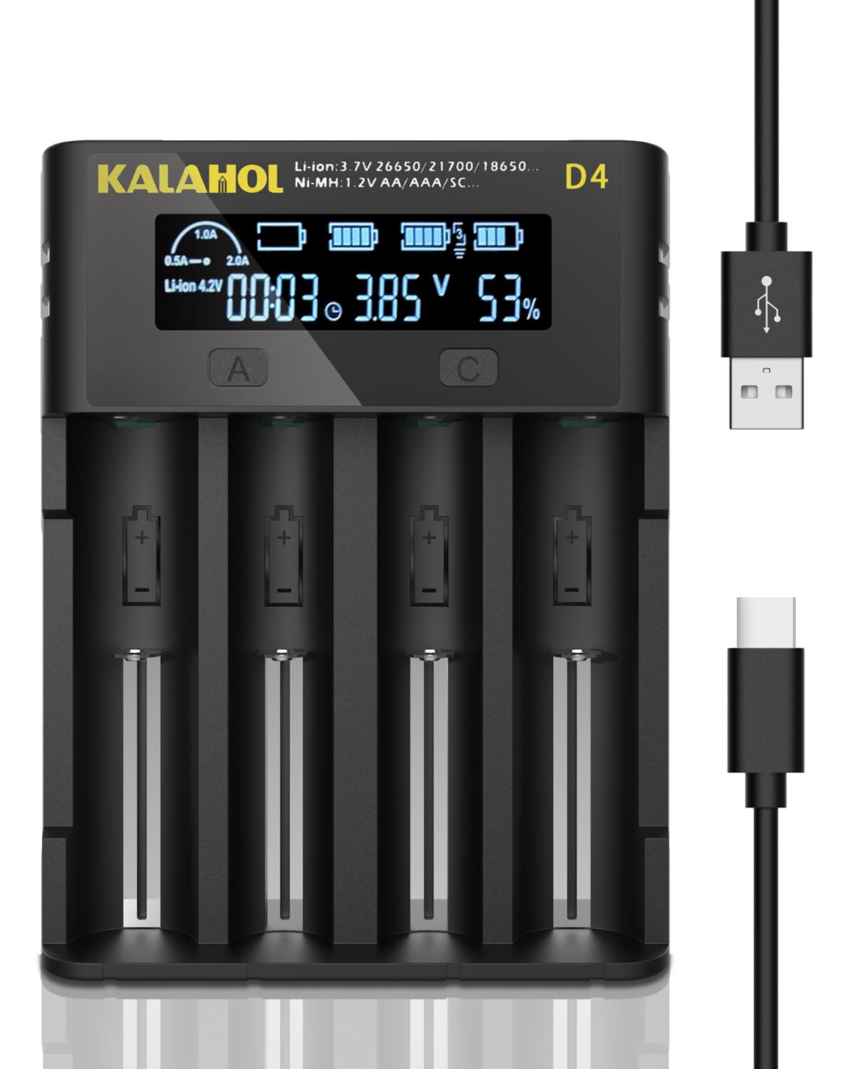 18650 Battery Charger - KALAHOL 4-Slot Universal Fast Charger with LCD Display for Li-ion 18650/26650 & Ni-MH/Ni-Cd AA/AAA Batteries | Micro USB Powered | Perfect for Flashlights, Vapes, Cameras & Electronic Devices