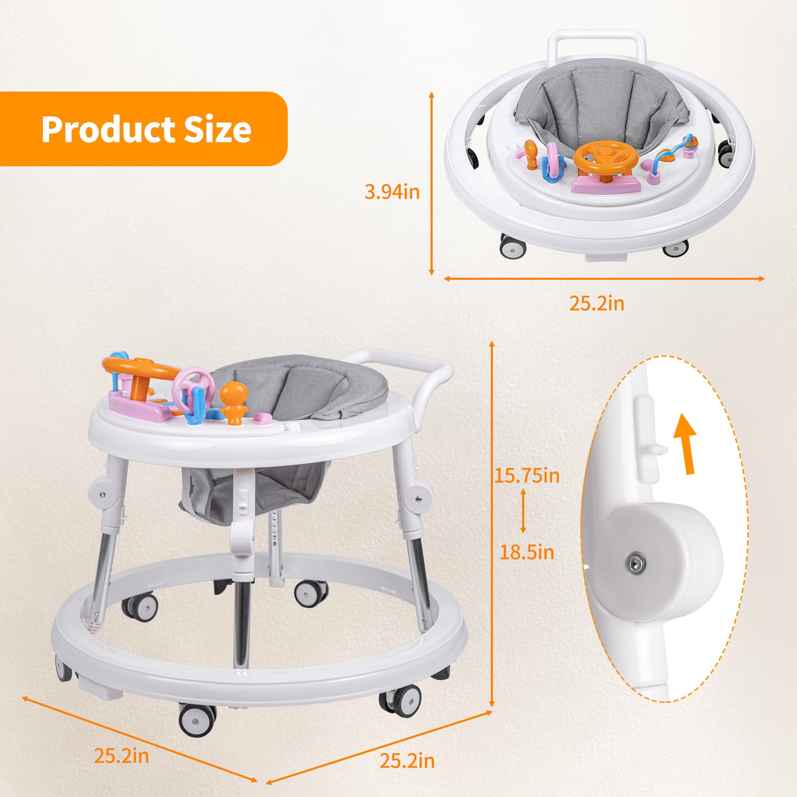 Foldable 9-Speed Adjustable Baby Walker with Wheels & Music - Anti-Fall Infant Walker for Boys & Girls 6-24 Months - Perfect for Learning to Walk & Playtime Activities at Home