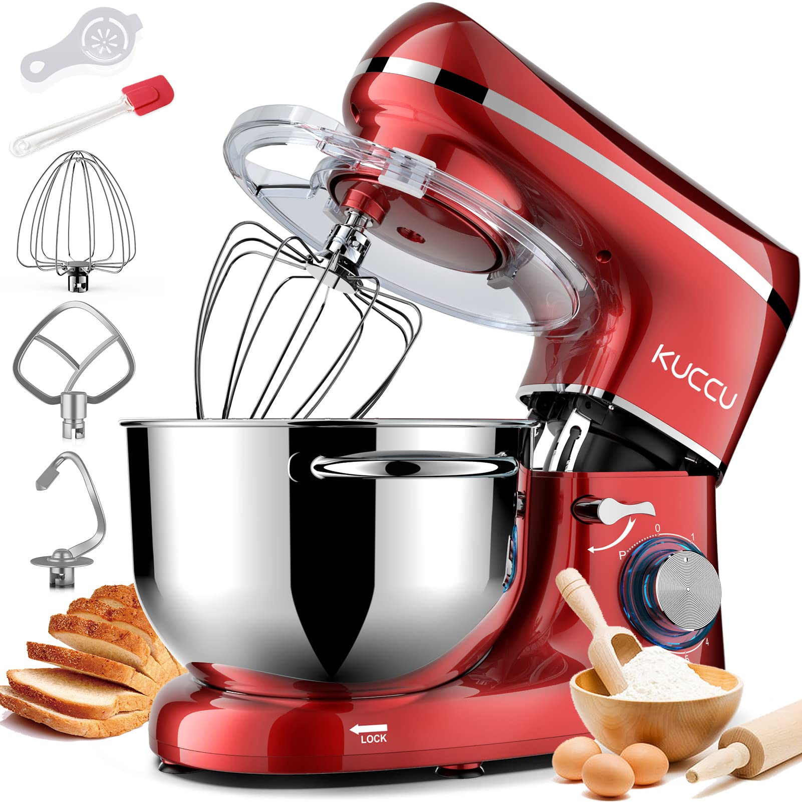 6.5 Qt 660W Stand Mixer - 6-Speed Tilt-Head Electric Kitchen Mixer with Stainless Steel Bowl, Dough Hook, Whisk & Beater - Perfect for Baking Cakes, Cookies, Bread & Whipping Cream (Red)
