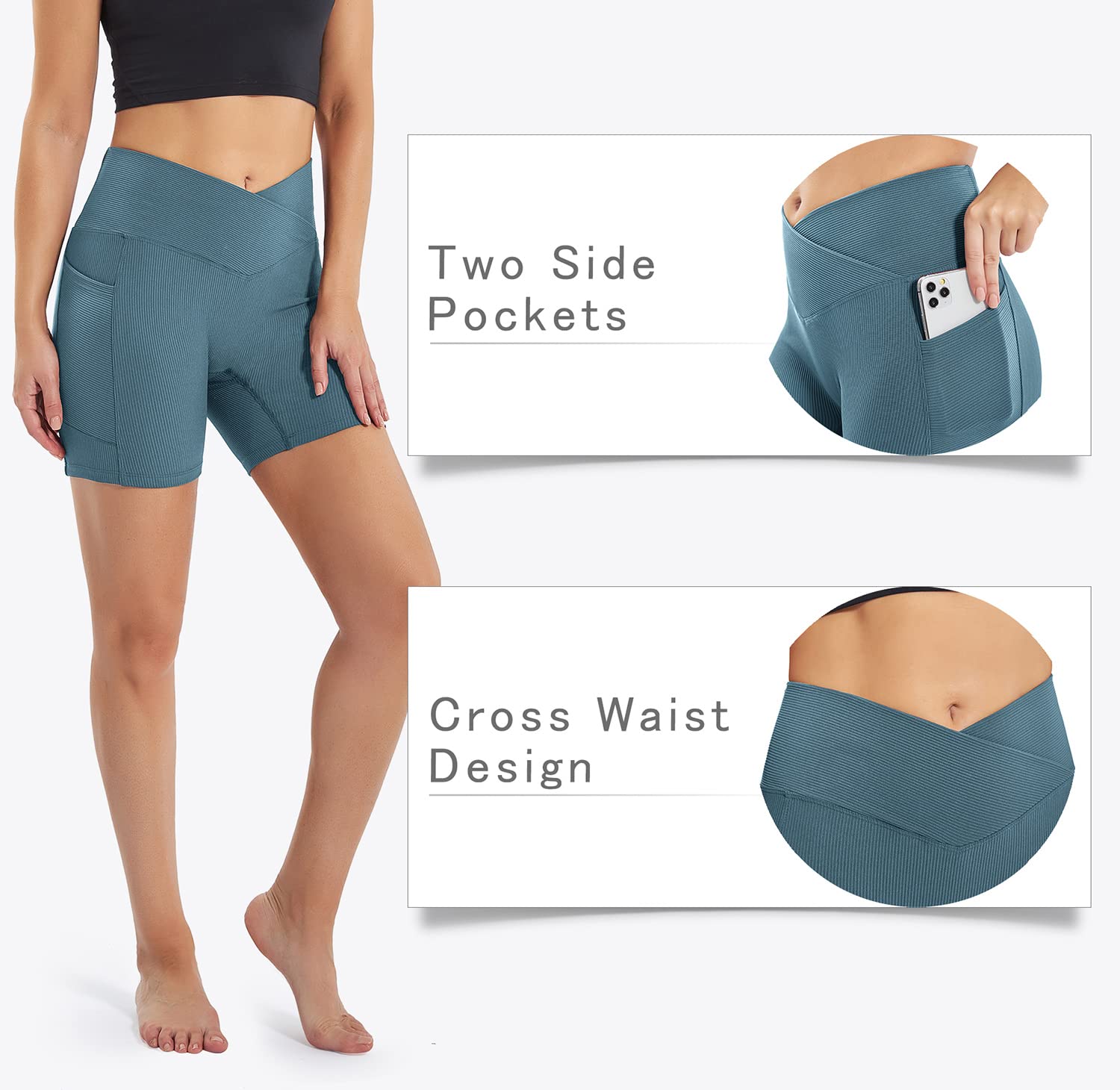 IUGA Women's High Waist Ribbed Biker Shorts - Tummy Control Cross Waist Spandex Workout Shorts with Pockets | Compression Yoga & Running Shorts for Gym, Cycling & Lounge Wear