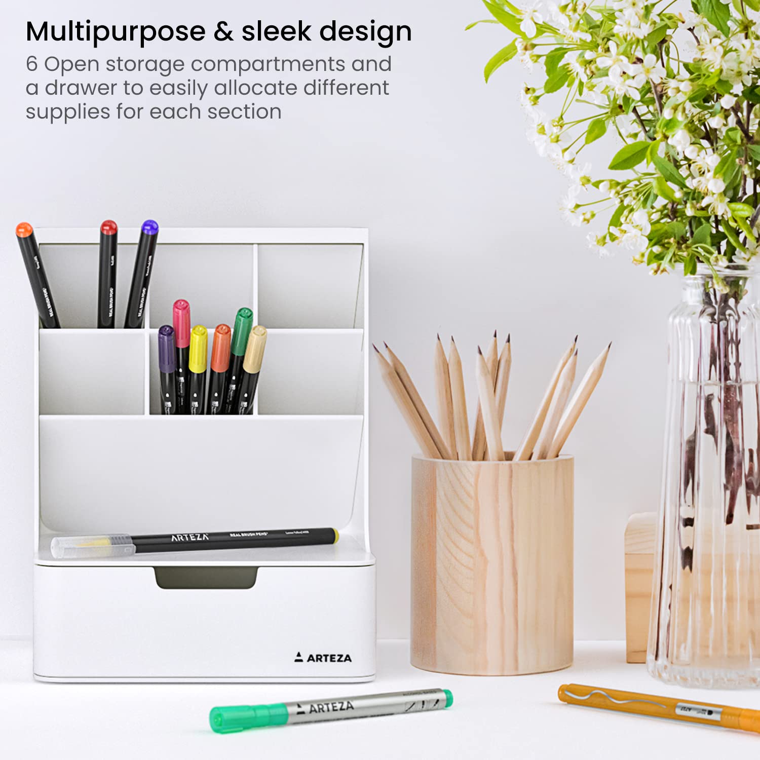 ARTEZA 6-Compartment White Pen Holder & Marker Organizer for Desk - Stationery & Makeup Storage Drawer - Perfect for Office, School, and Beauty Vanity Organization