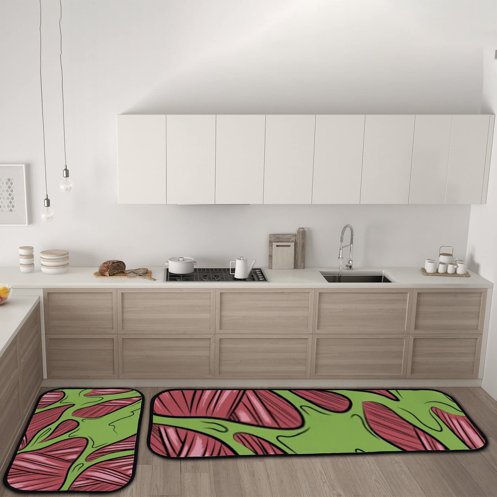 Non-Slip Zombie Skin Pattern Kitchen Rugs Set - 2PCS Soft Absorbent Coral Velvet Floor Mats (1.5'x2.4' + 1.5'x4.8') - Washable Kitchen & Entryway Rugs for Home Decor, Anti-Fatigue Standing Mats for Cooking & Dishwashing Areas