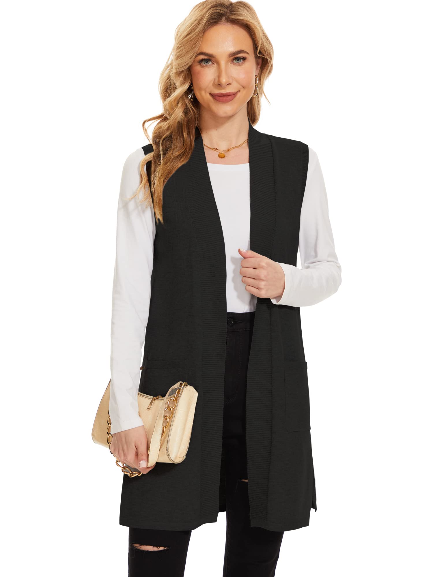Women's Moss Rose Long Vest - Sleeveless Lightweight Open Front Cardigan with Ribbed Knit & Pockets | Perfect for Layering, Office Wear & Casual Outfits