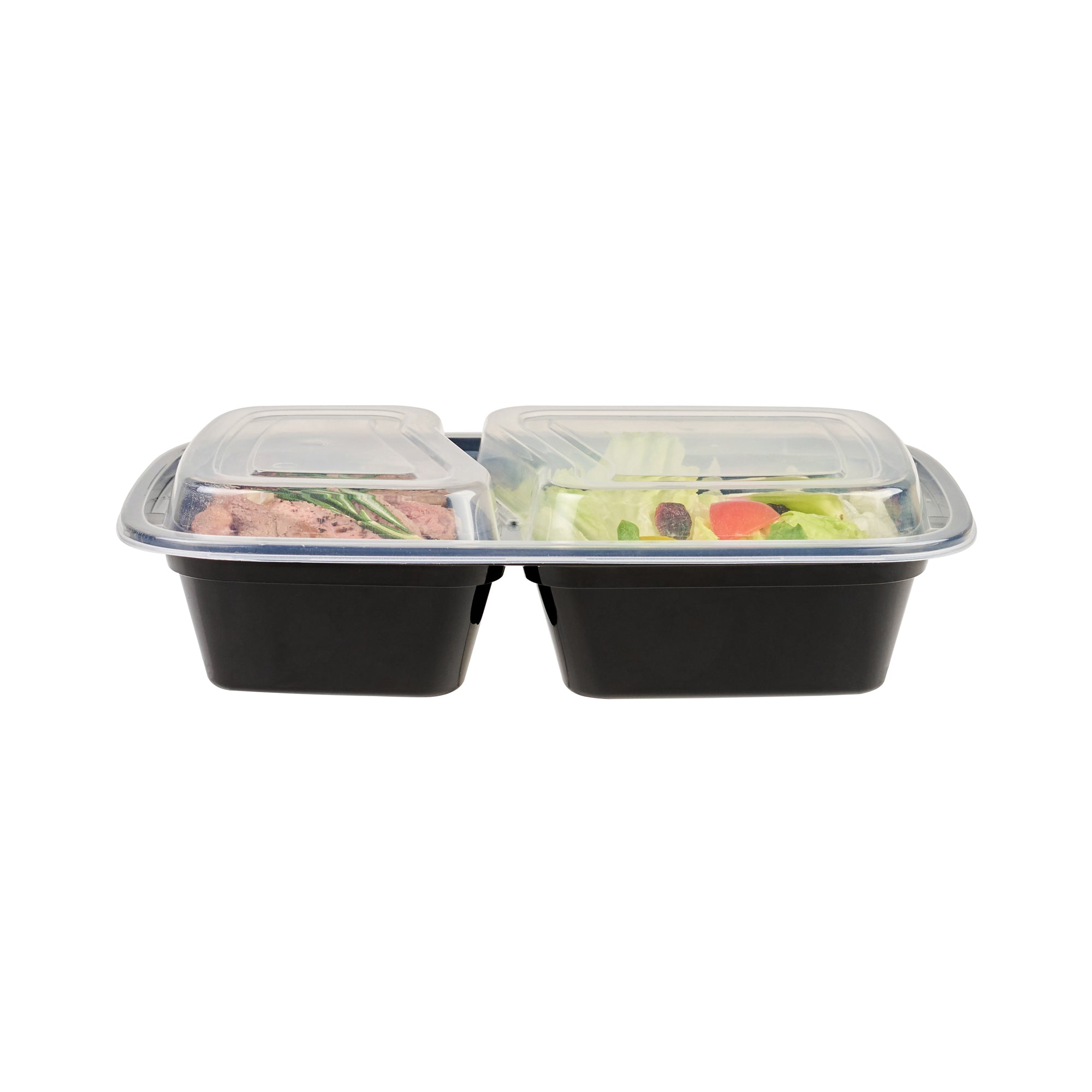 32 oz Black Plastic 2 Compartment Food Storage Containers with Clear Lids - Microwave Safe, 8.75