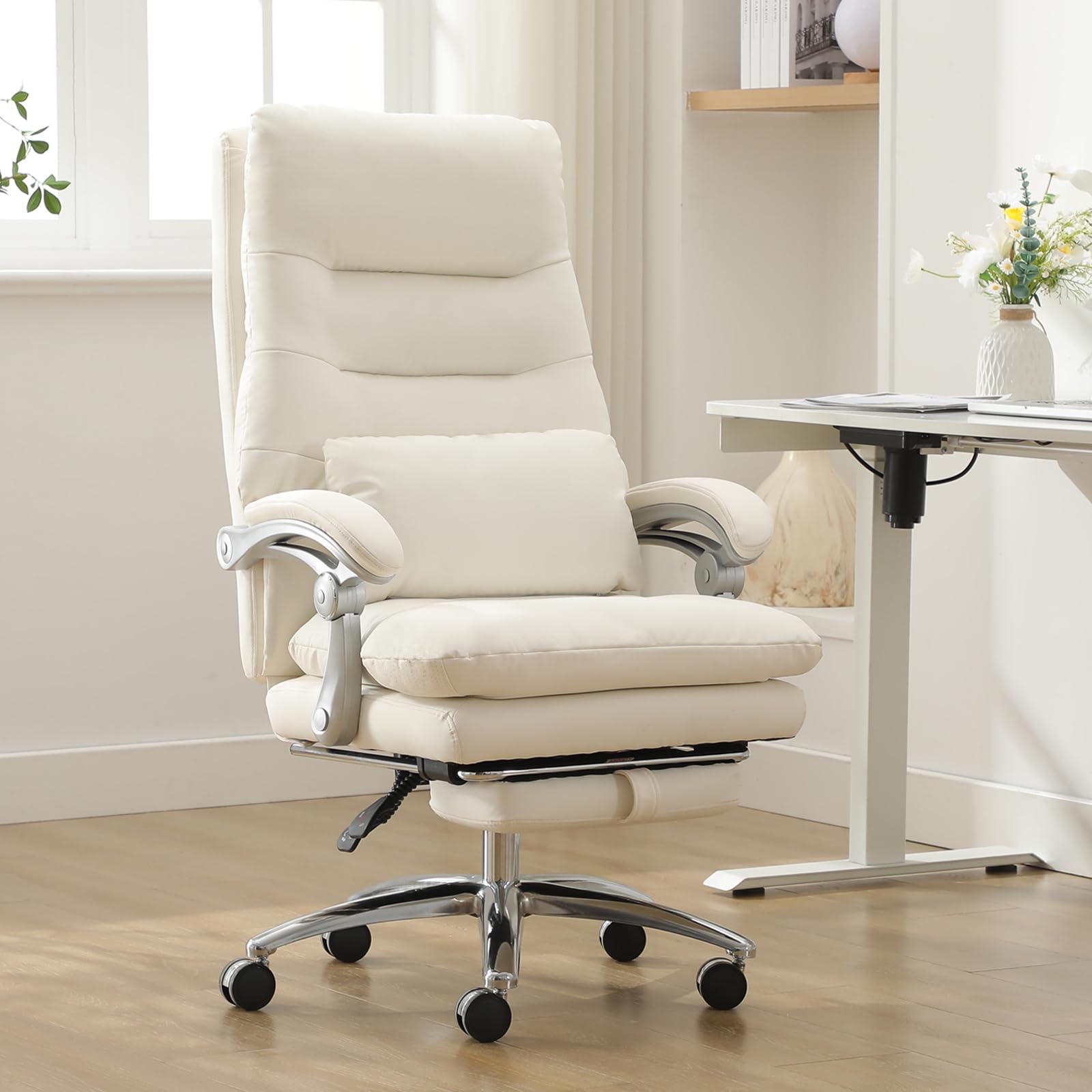 Ergonomic Office Chair with Footrest - High Back Executive Desk Chair with Padded Adjustable Armrests, Reclining Swivel Chair with Wheels & Double Thick Cushion for Comfort (Cream White) - Perfect for Home Office, Gaming, and Workspaces