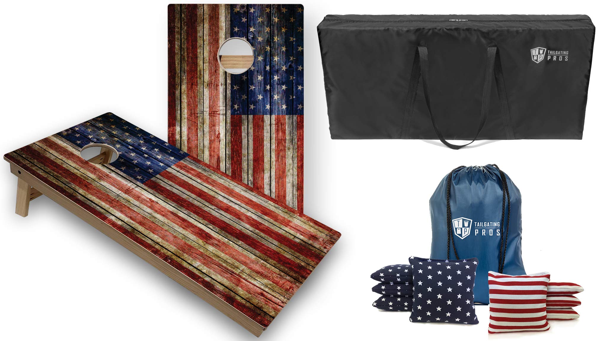 Professional Tournament Grade Cornhole Game Set - 2 Rustic Flag 4'x2' Regulation Baltic Birch Boards with Carrying Case & 8 Bags | LED Light Option | Perfect for Tailgating, Backyard Parties, and Outdoor Events
