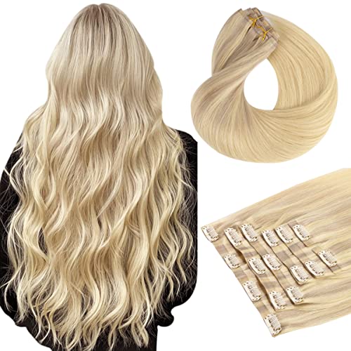 HOTBANANA 16 Inch Clip-in Hair Extensions - 7pcs 130g Remy Human Hair (Ash Blonde, Golden Blonde & Platinum Blonde) | Seamless Straight Hair with Invisible PU Skin Weft | Perfect for Parties, Weddings & Daily Styling