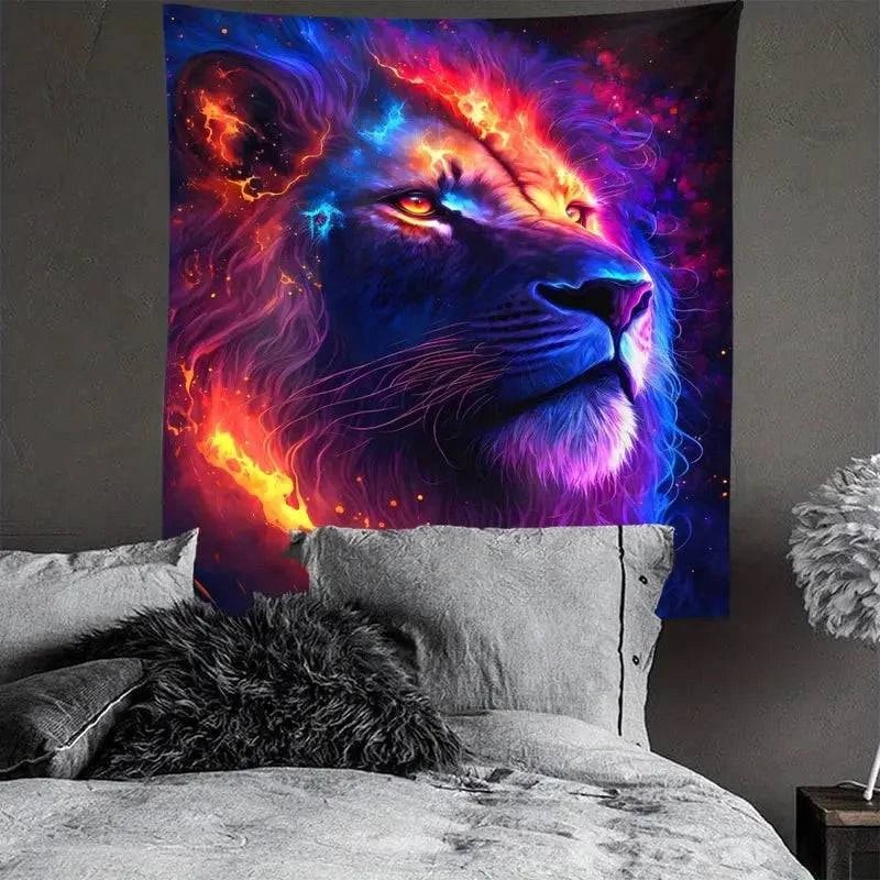 Lion Tapestry Wall Hanging - UV Reactive Glow in The Dark Art Decor for Bedroom, Dorm & Festival - Unique Hippie Boho Tapestry for Home Decor
